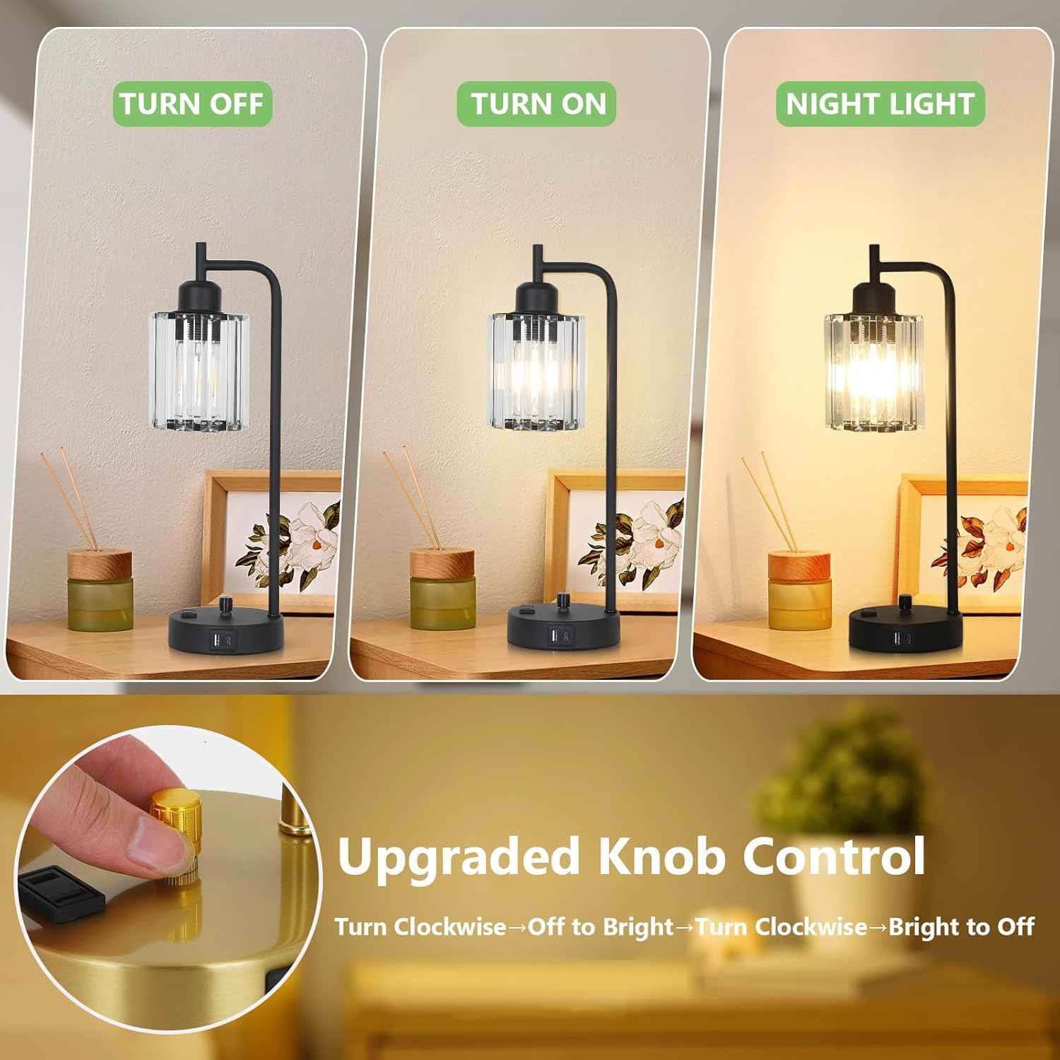 Modern Gold Crystal Table Lamps Set of 2 with LED Bulbs & USB Port - Elegant Bedside Lighting