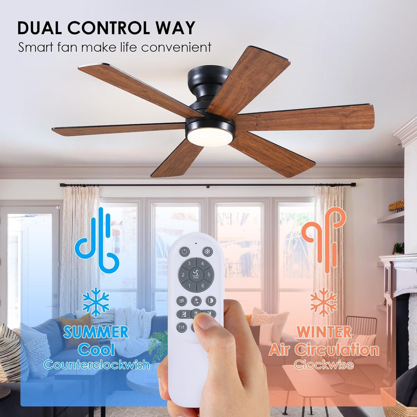 46” Black Low Profile Ceiling Fan with Lights & Remote Control - Dimmable, Noiseless, Reversible for Bedroom