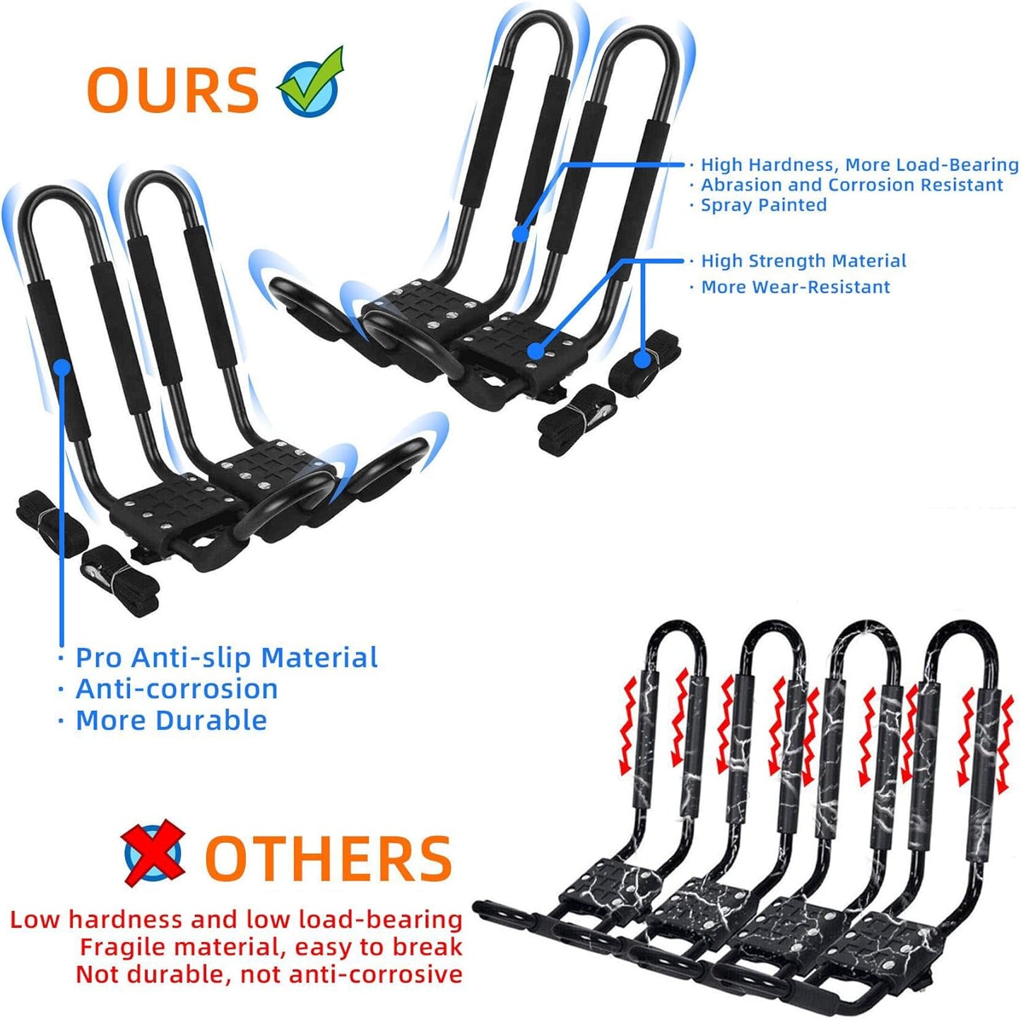 PIRIPARA Kayak Roof Rack - J-Bar Carrier Holder for Canoes & Surf Skis | Set of 2 Pairs for SUVs & Trucks
