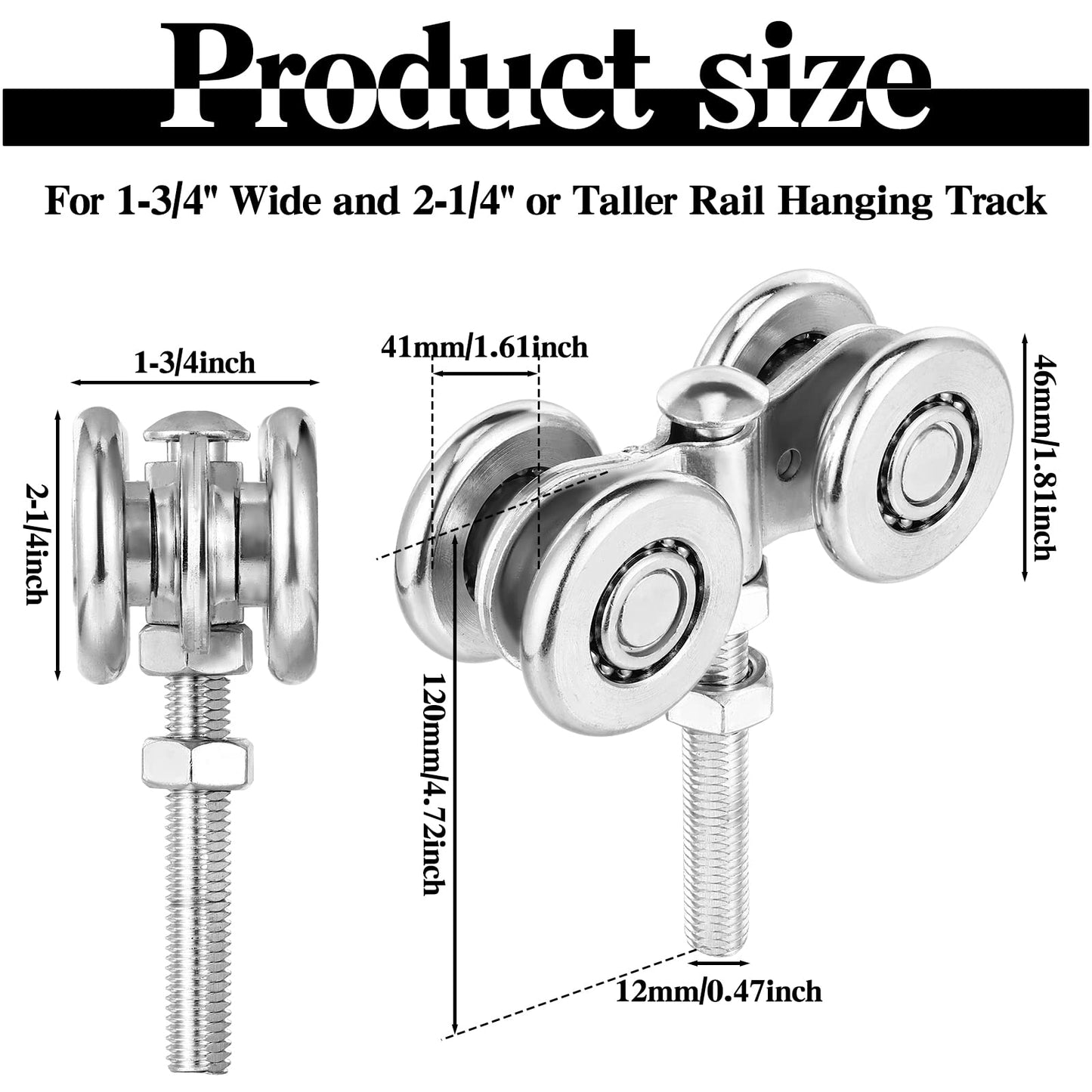 Yexiya 8 Pcs Wheel Trolley Assembly Barn Door Rollers for 1-3/4" Wide and 2-1/4" or Taller Rail Hanging Track, Beam Trolley Applied for Mount Heavy Barn or Shed Sliding Doors