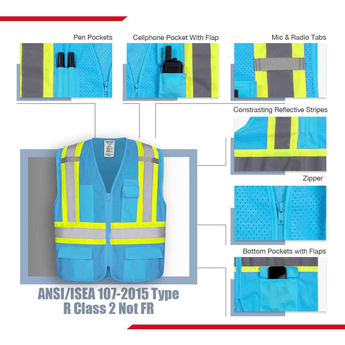KAYGO Safety Vest with Pockets - High Visibility Reflective Vest ANSI Class 2 Construction Vest (Type R, Not FR) KG0100 (S, Sky Blue, 1 Pcs)