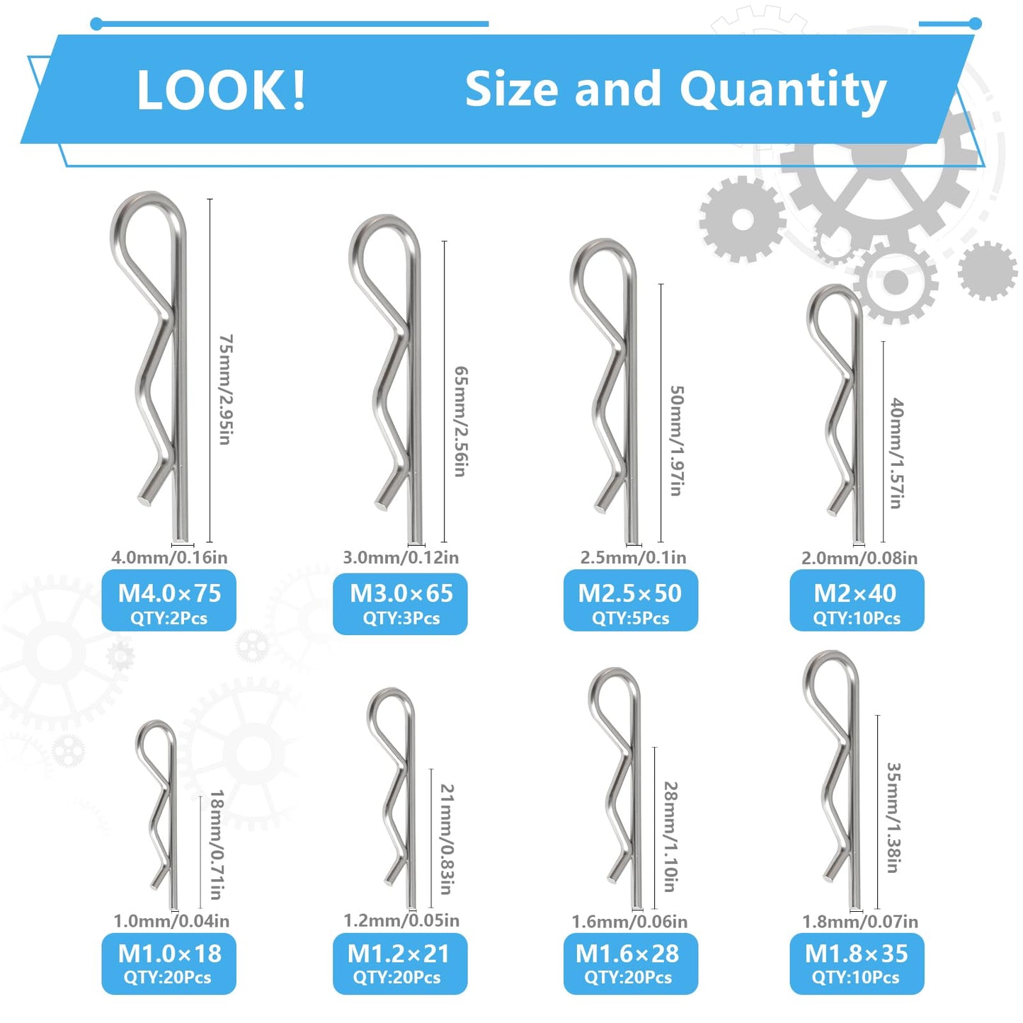 ALLECIN 8 Values 90Pcs Hitch Pin Clip R Clips Spring Retaining Pins 304 Stainless Steel Hairpin Cotter Pin Assortment Kit for Trailer Hitch Locking Machinery Repairs