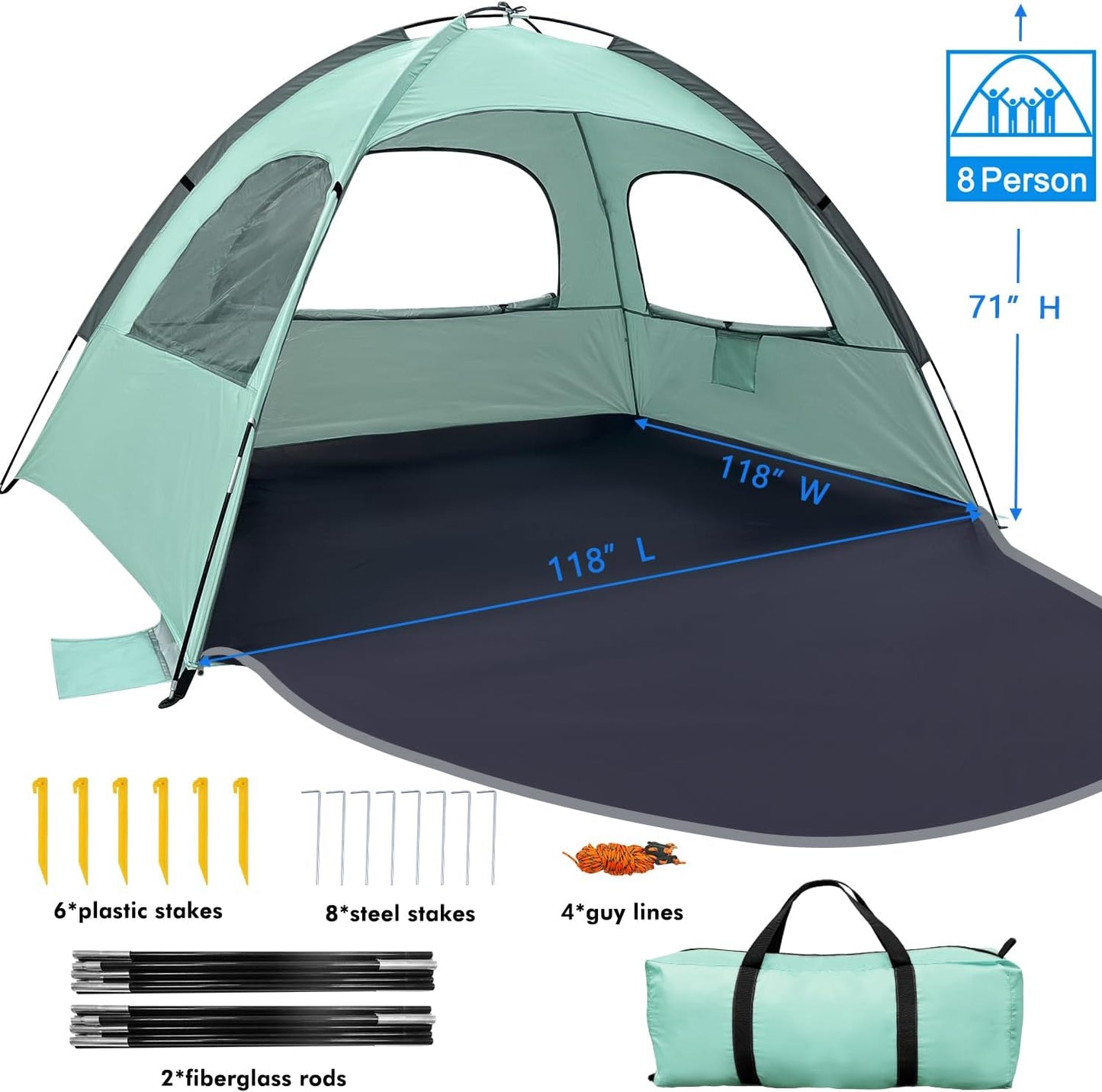 WhiteFang Beach Tent - Anti-UV Portable Sun Shade Shelter for 3-8 People | Extendable Floor & Ventilating Mesh Windows