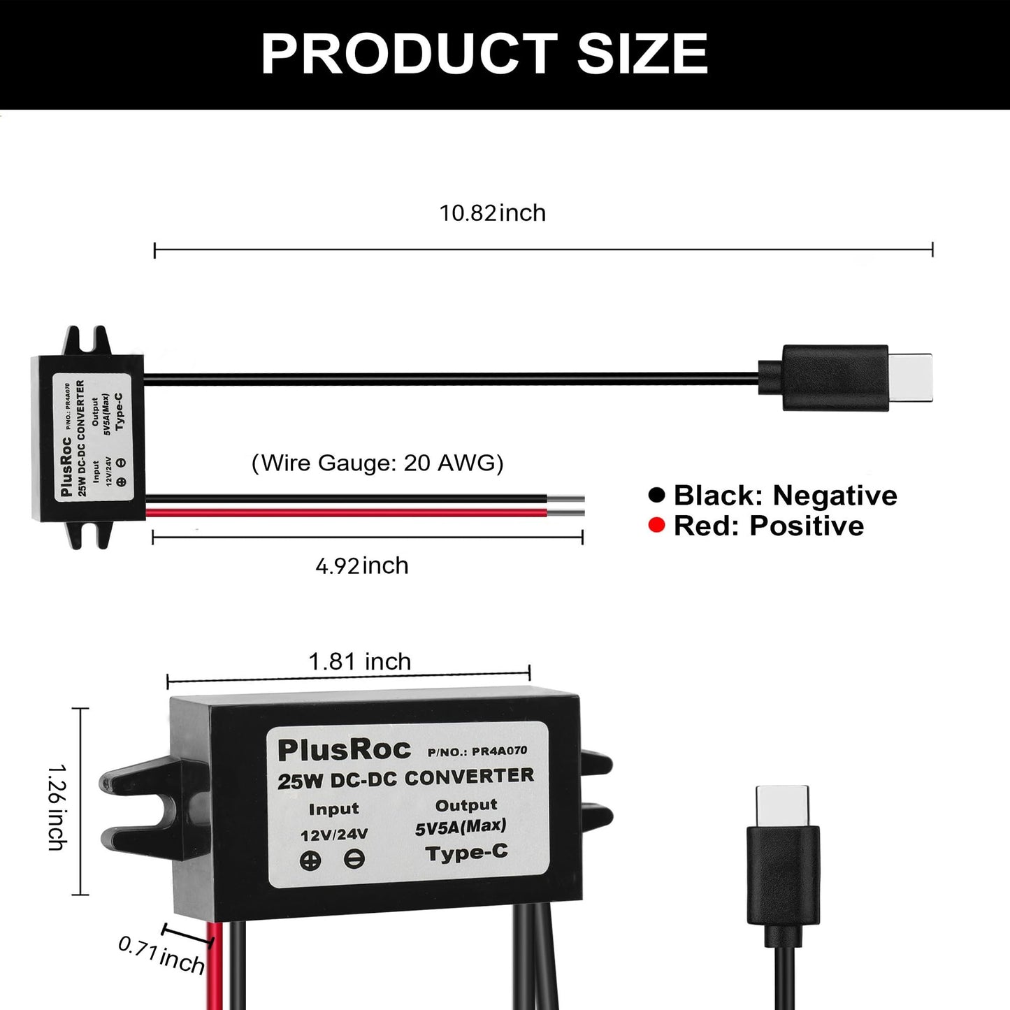 PlusRoc Waterproof DC 12V/24V to 5V 5A Step Down Converter, 25W USB-C Power Adapter for Raspberry Pi 5, Pi 4, Cellphone, and More (1-Pack)