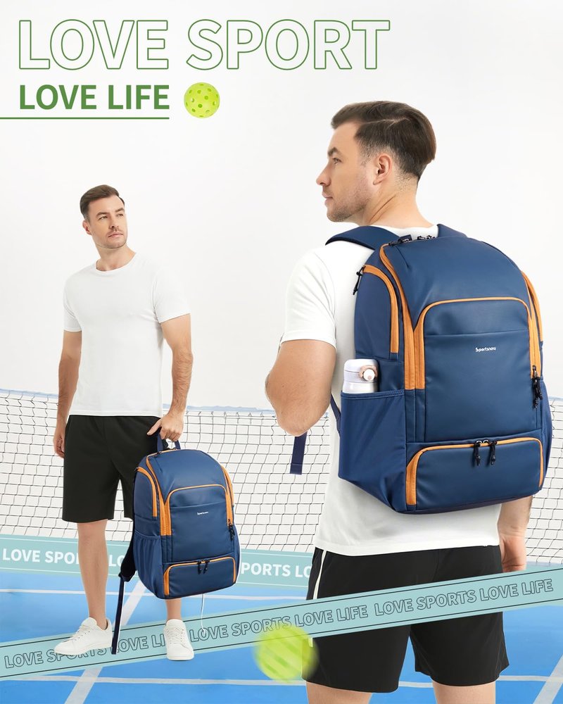 sportsnew Pickleball Bag, Waterproof Pickleball Backpack for Women Men with Shoe Compartment & Fence Hook, Navy Blue Patent Pending