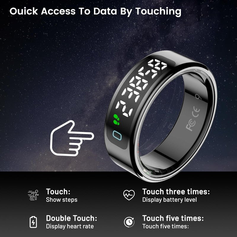 Walpck Smart Ring with LED Display Screen,Sleep&Fitness Tracking Wearable for Women/Men,Accurate Monitoring of Pedometer, Heart Rate,Blood Oxygen (R11, Black, 10)