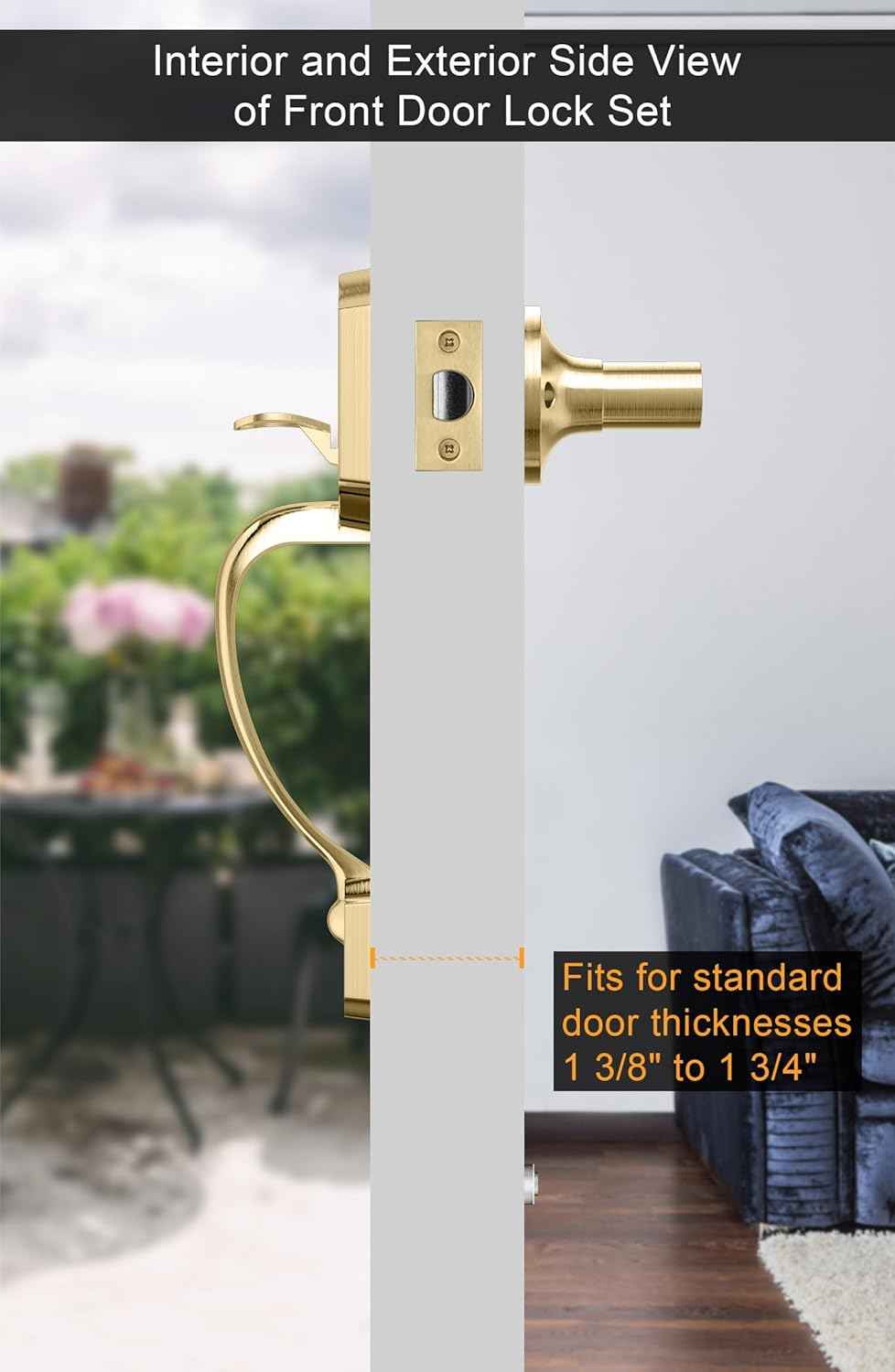 Gold Front Door Handle & Deadbolt Set - Reversible Lever Lock Hardware