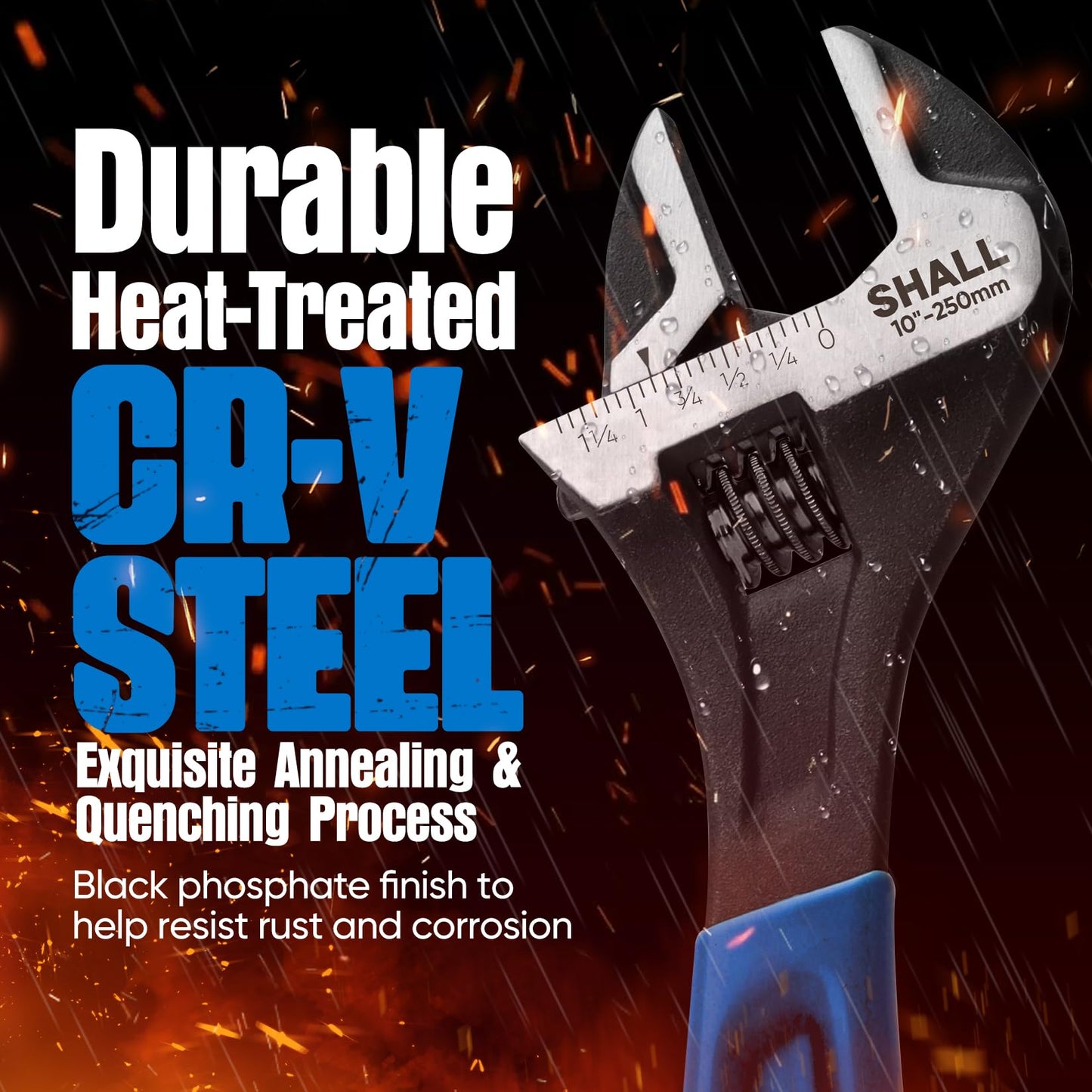 SHALL 10 Inch Adjustable Wrench, Cr-V Steel Spanner with Cushion Grip, Wide Jaw Black Oxide Wrench with Laser-etched SAE Scales for Home, Garage, Workshop and DIY