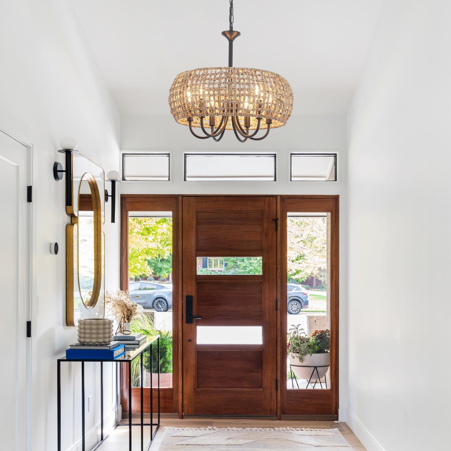 BYKWRTV 6-Light Rattan Chandelier Light Fixture, 18.11'' Wicker Chandelier Boho Kitchen Light Fixtures, Rattan Pendant Light Rustic Farmhouse Chandeliers for Dining Room Living Room Foyer