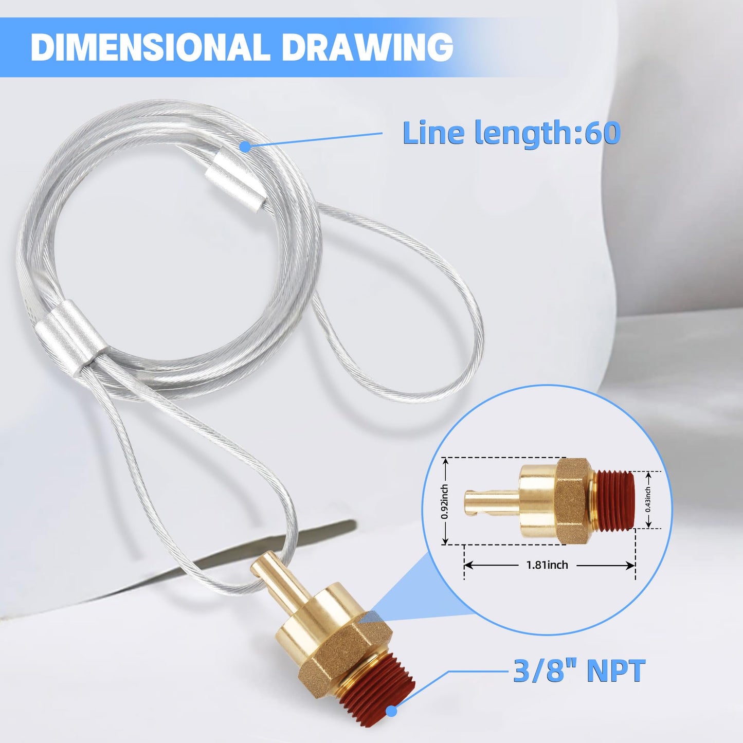 3/8” Air Tank Drain Valve Plug with 60” Cable, Dazakoot Brass Tank Drain Valve Replacement Part, Tank Drain Valve Max Working Pressure 350PSI - 2Pack