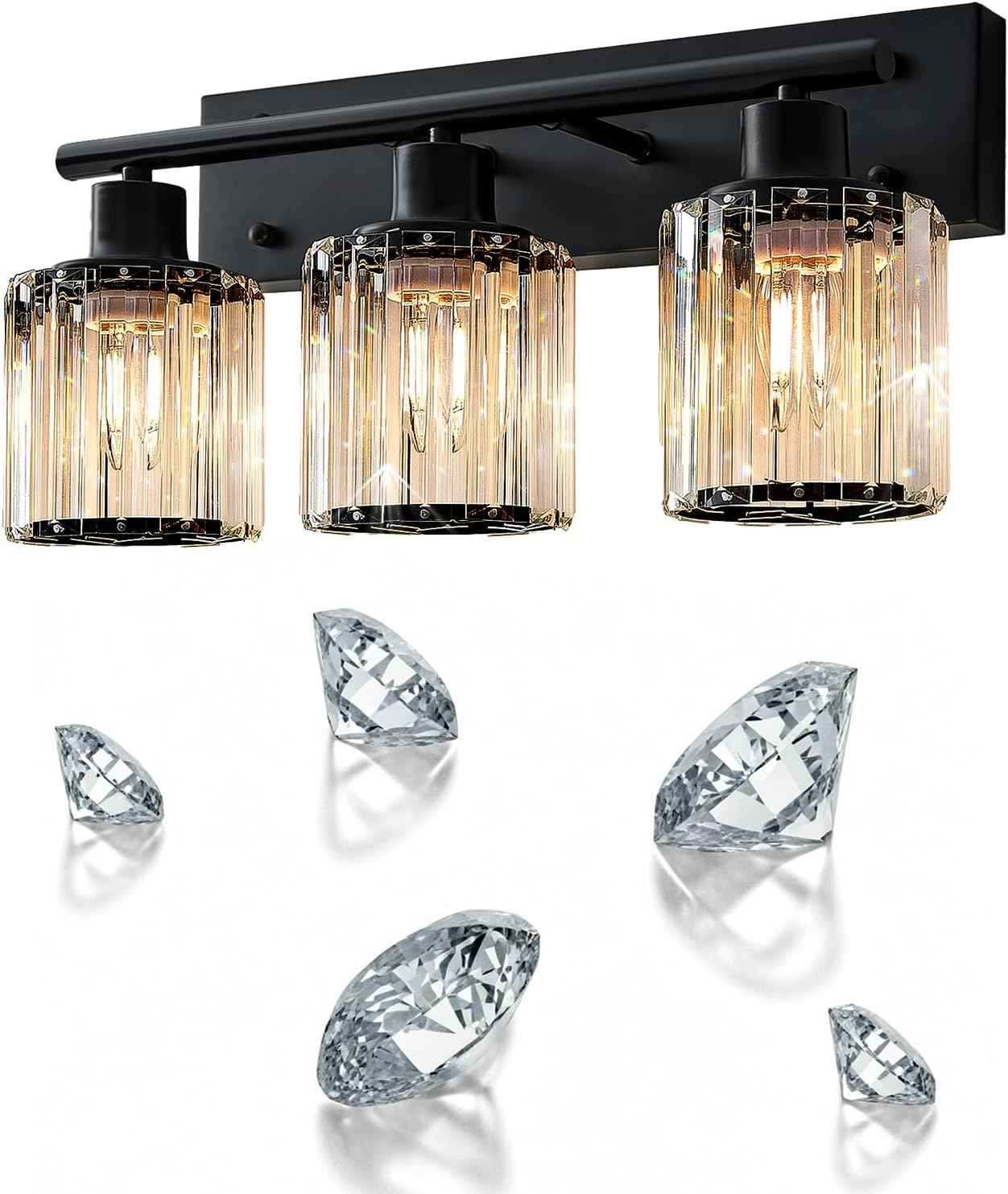 Modern 3-Light Crystal Vanity Light Fixture for Bathroom & Bedroom - Black Finish