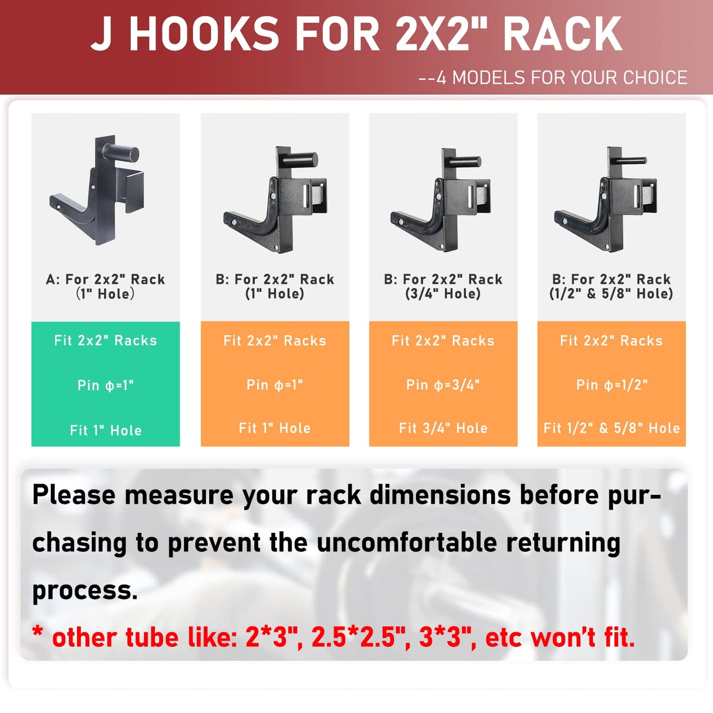 SYL Fitness J-Hooks for 2x2" Power Rack with 1/2" or 5/8" Hole, Barbell Holder/Squat Rack Accessories J Cups