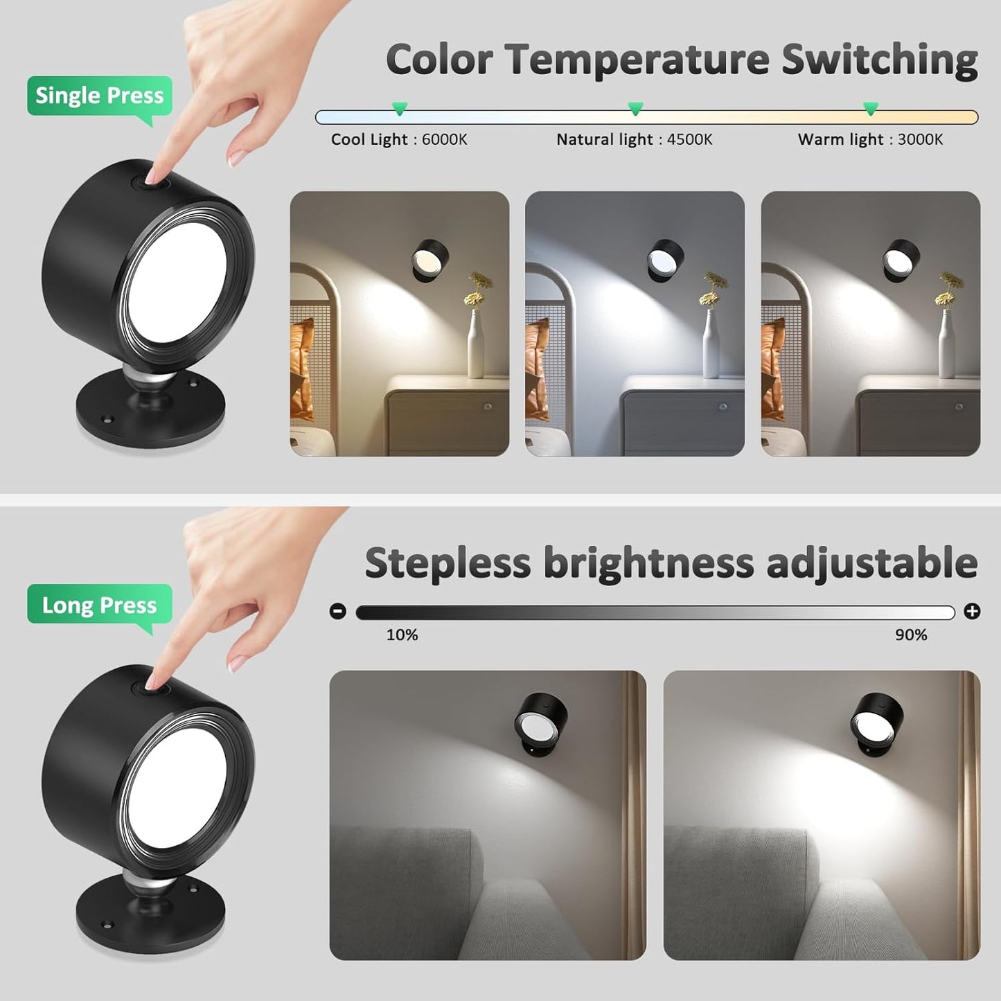 Rechargeable LED Wall Mounted Lights - 3 Pack with Remote, Dimmable & 360° Rotation for Bedroom