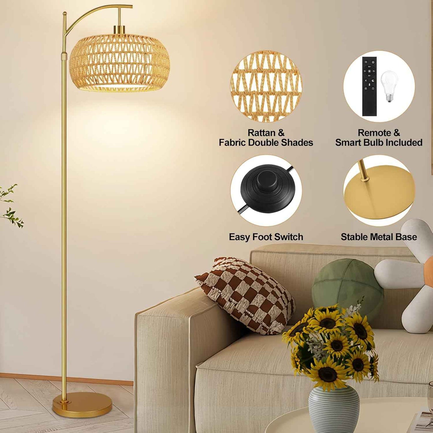 Boho Gold Floor Lamp with Remote Control | Dimmable Rattan & Wicker Design for Living Room