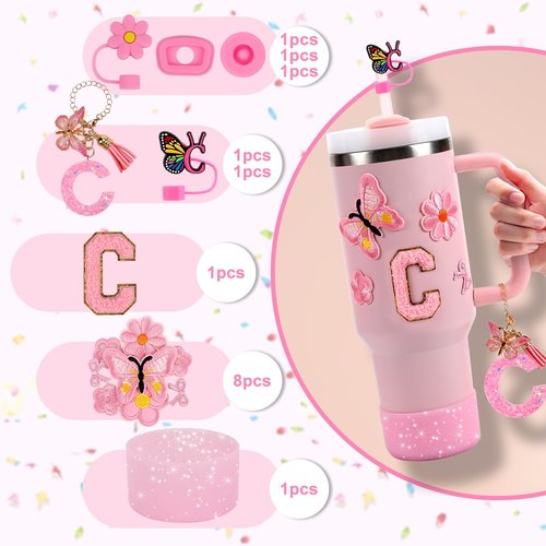 15PCS Cup Accessories Set for Stanley Cup 30oz 40oz Tumbler with Handle, Including Silicone Straw Cover and Boot, Spill Proof Stopper, Stanley Charms, Handle Charm, Initials Sticker (Letter C, Pink)