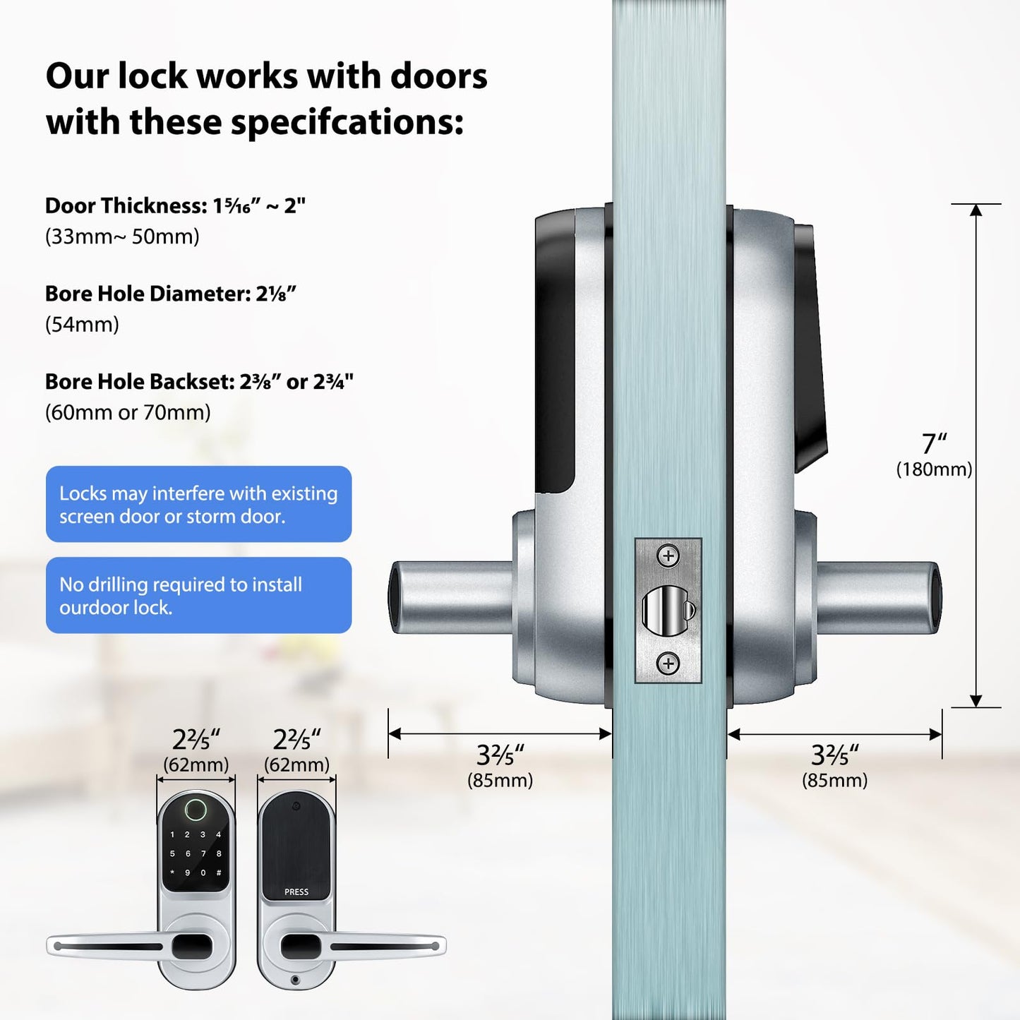 CATCHFACE Smart Fingerprint Lock - Keyless Entry Door Lock with Reversible Handle - Silver
