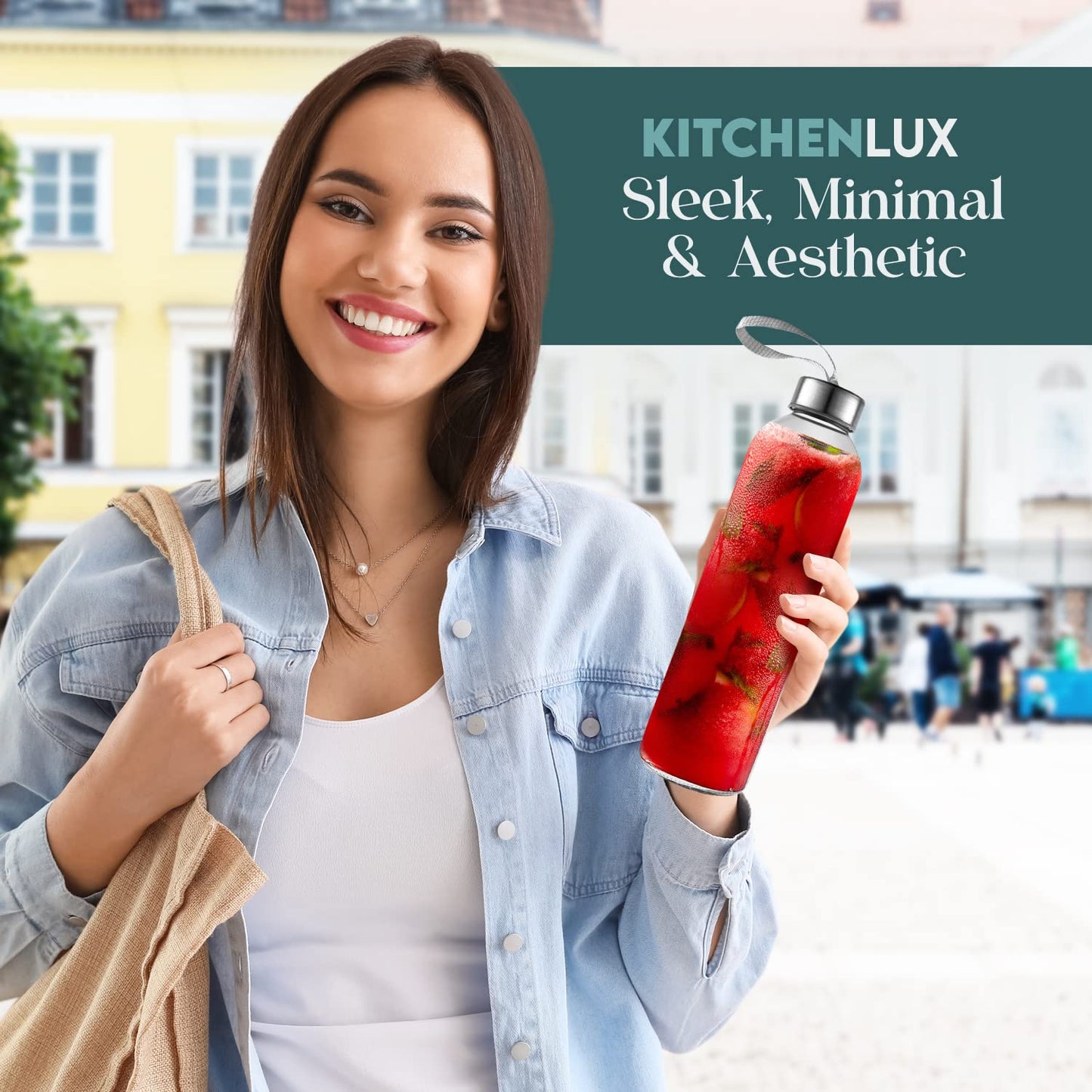 Kitchen Lux 16 Ounce Glass Water Bottles, Reusable Water Bottles with Airtight, Pack of 12, Stainless Steel Lids Carrying Strap And Nylon Water Bottle Protective Sleeves for Hot Or Cold Drinks