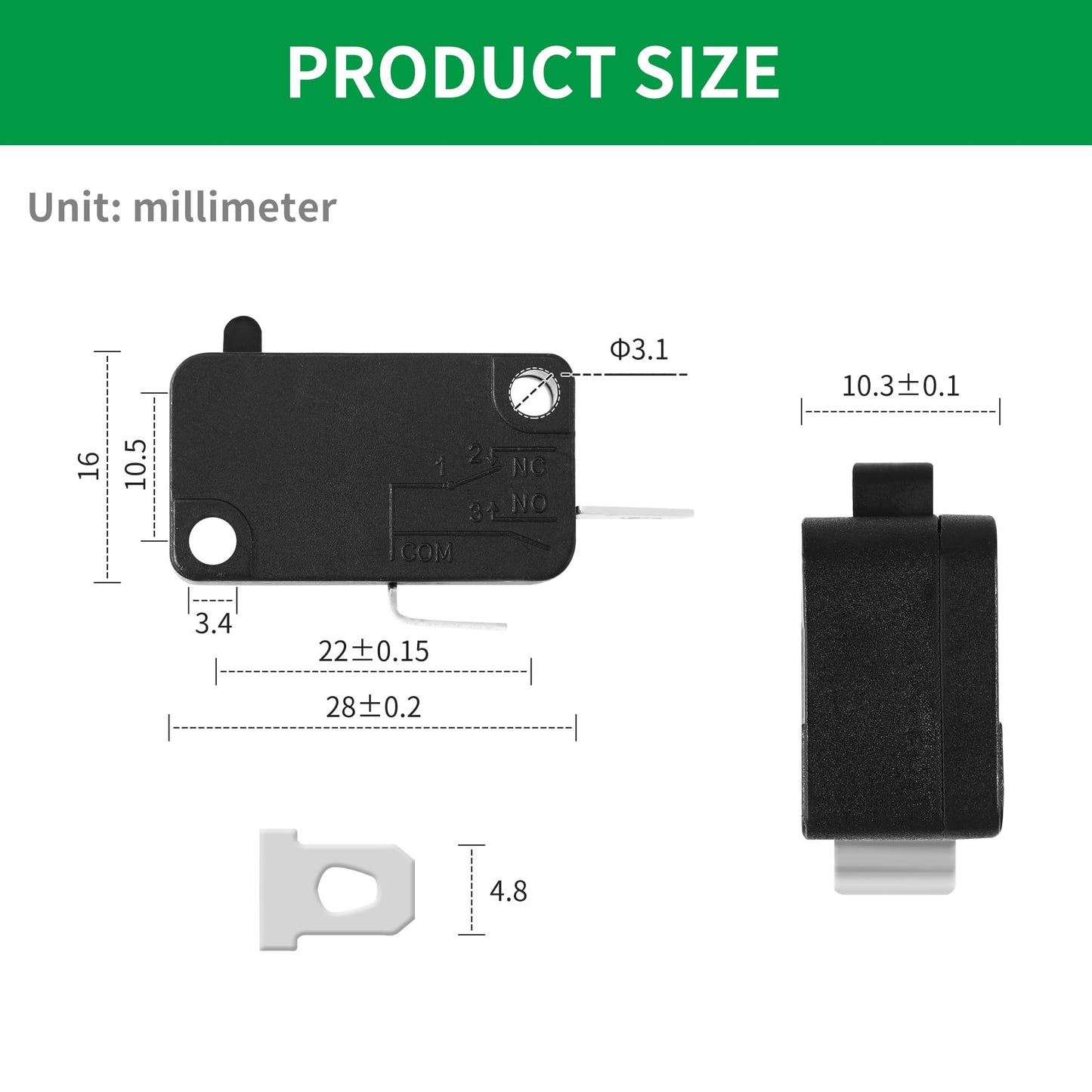 4-Pack KW7-0 Micro Switch, Replacement for Air Fryer XL, Power XL, Vortex, Microswitches for Microwave Oven & Induction Cooker - Normally Open, 16A 125V/250V, 2Pins 1NO 1NC
