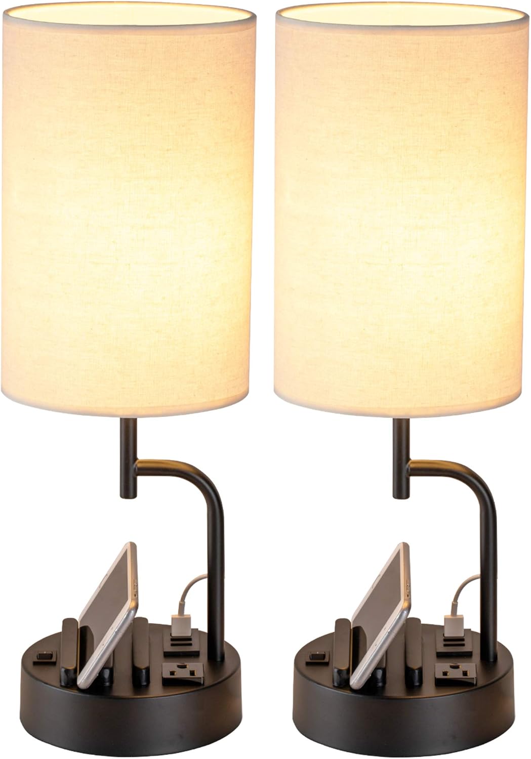 Modern Table Lamp with 3 USB Ports & AC Outlet - Set of 2 Bedside Desk Lamps in Silver