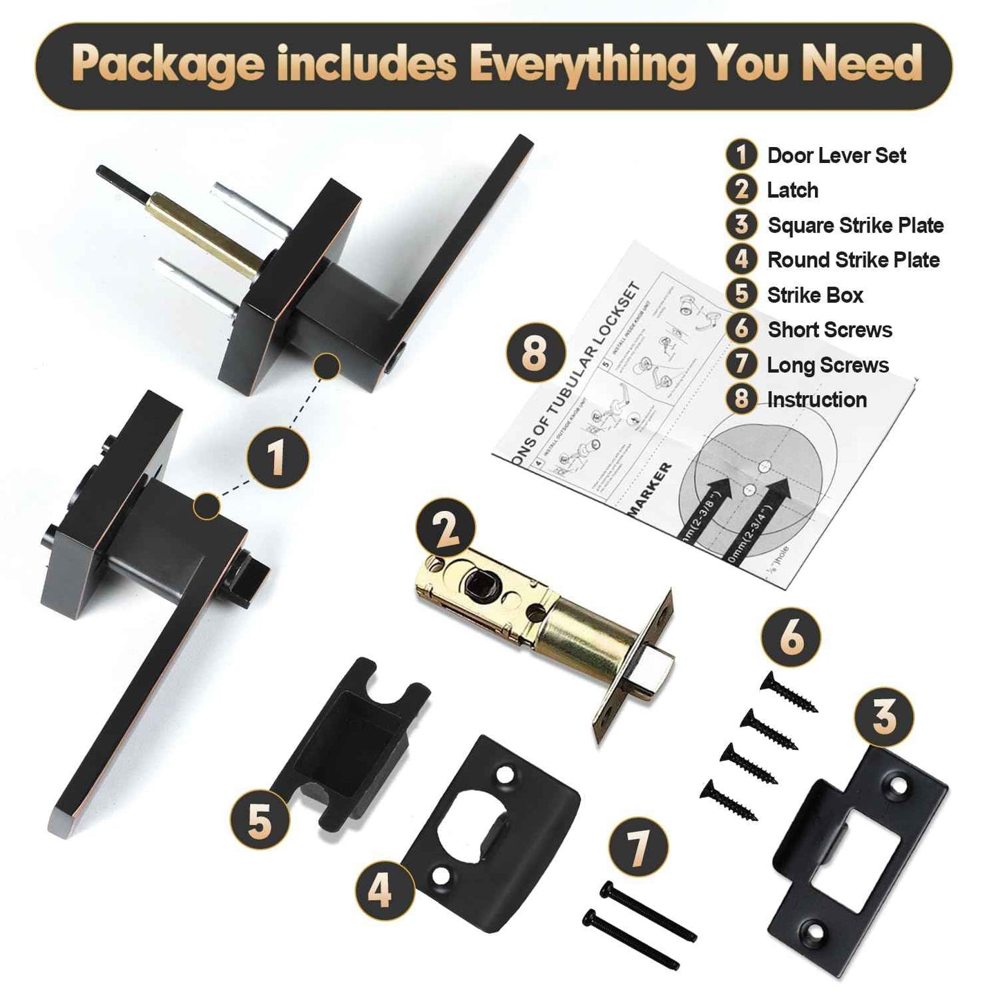 RAZCC Privacy Door Levers, 1 Pack Oil Rubbed Bronze Door Handles Interior Heavy Duty Bed and Bath Keyless Door Locksets, Reversible for Left Right Handed Doors