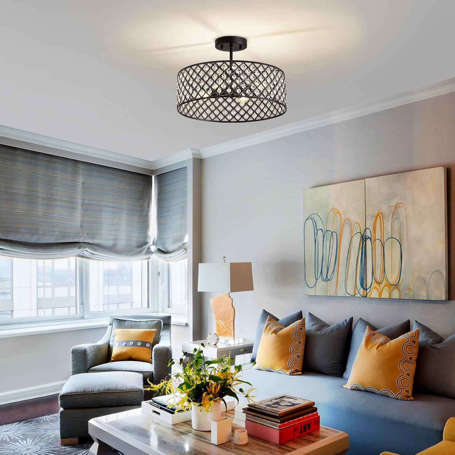 Modern Black Crystal Semi Flush Mount Ceiling Light Fixture - 11.2" Round Chandelier for Dining Room, Hallway, Kitchen & Bedroom