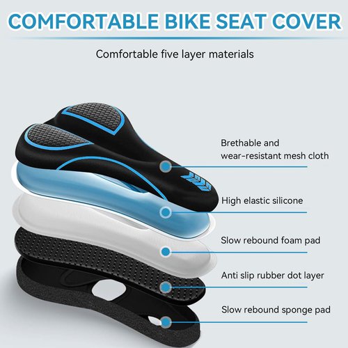 Frdhee Gel Padded Bike Seat Cushion, Bicycle Seat Cover Extra Soft Comfy for Men Women, Gel Bicycle Seats Pad with Waterproof Bike Seat Cover Fit for Peloton, BMX, MTB & Road, 11.2x7.4inch(Blue)
