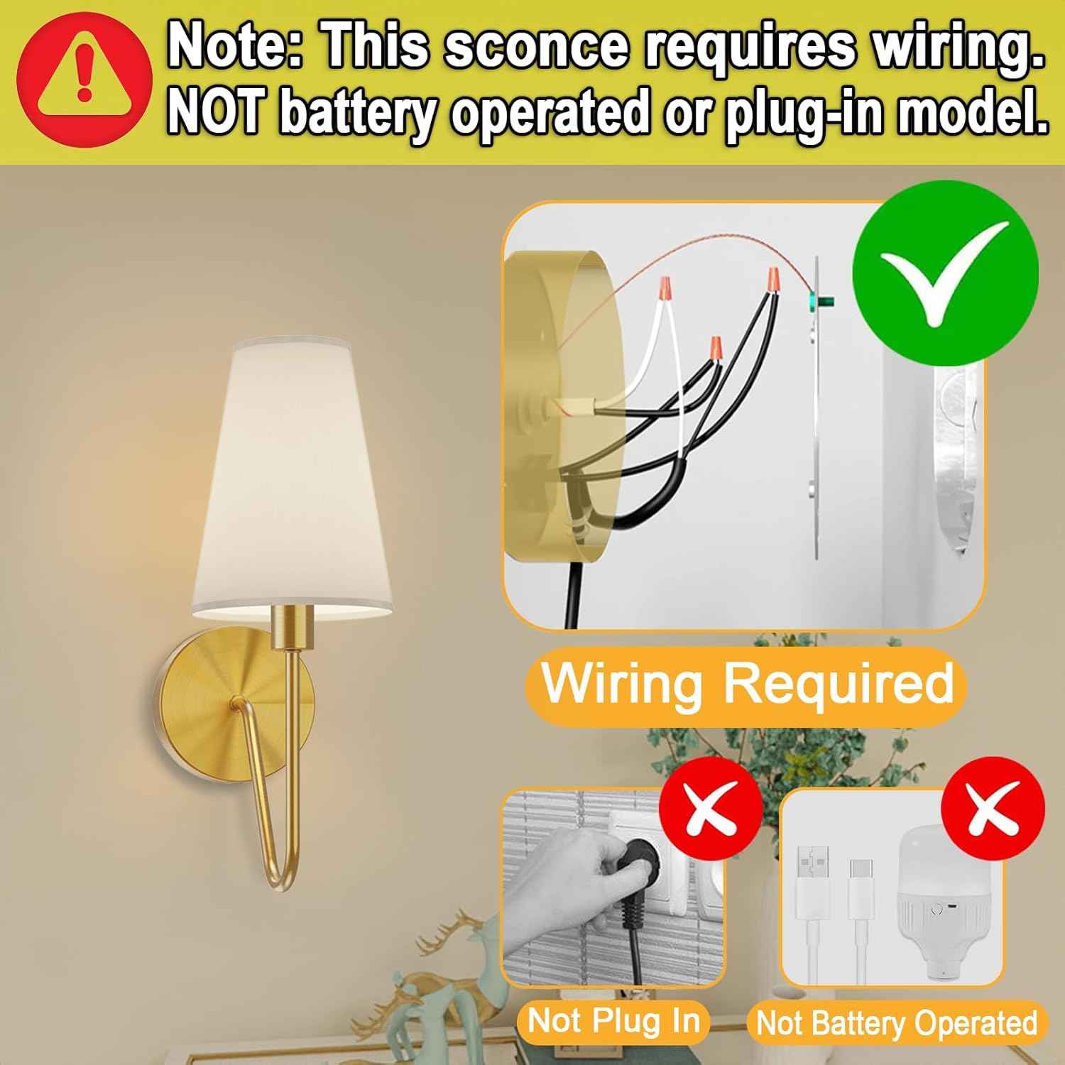 Gold Wall Sconce Lighting Fixture - Set of 2 Classic E12 Hardwired Lamps with Cream Shades