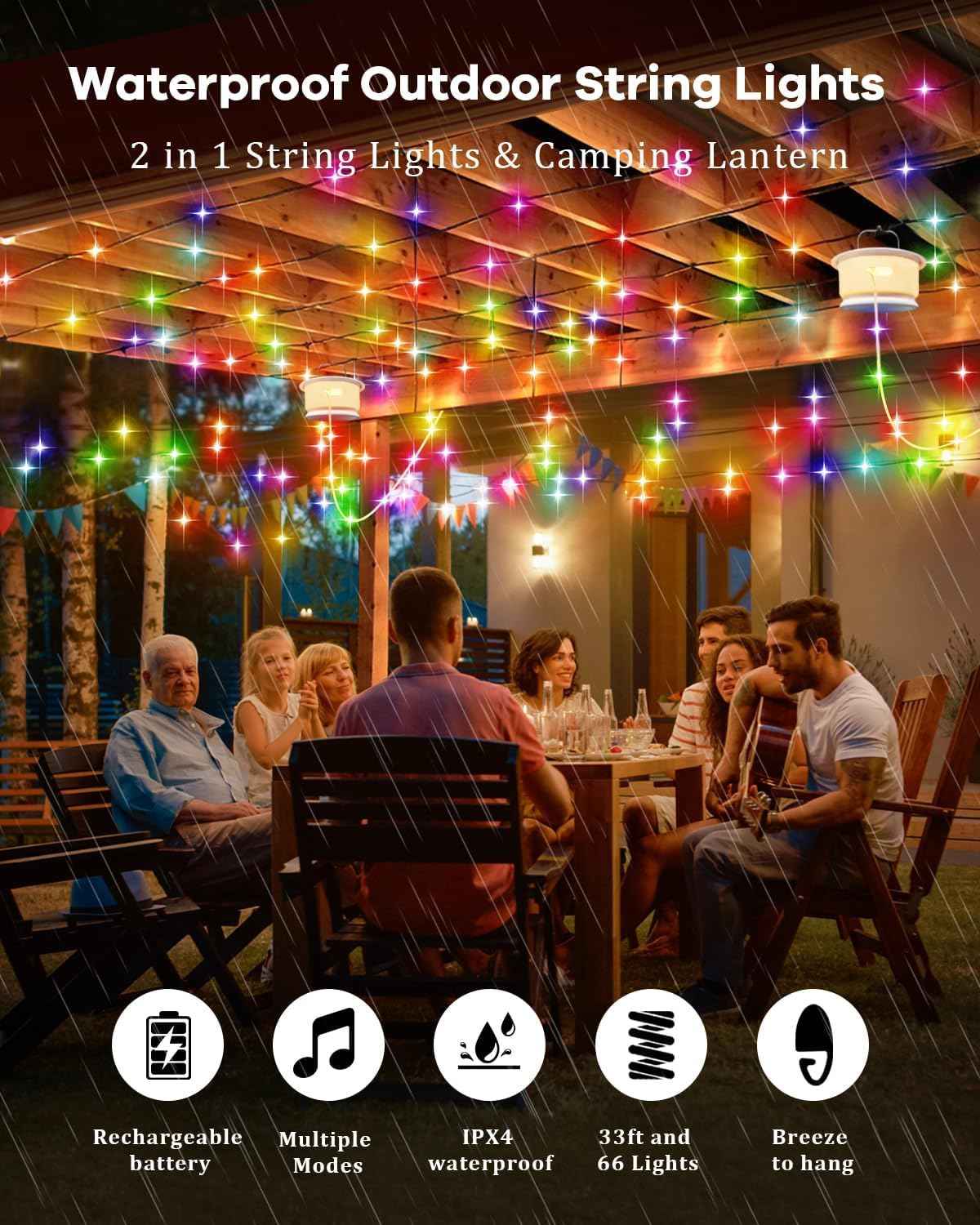 Camping String Lights 33FT, 4 in 1 RGB Retractable Camping Lights with 19 Lighting Modes,Quick 20s Storage,Waterproof,Portable Camping Lantern,Rechargeable Tent Lights for Garden Party Christmas Decor