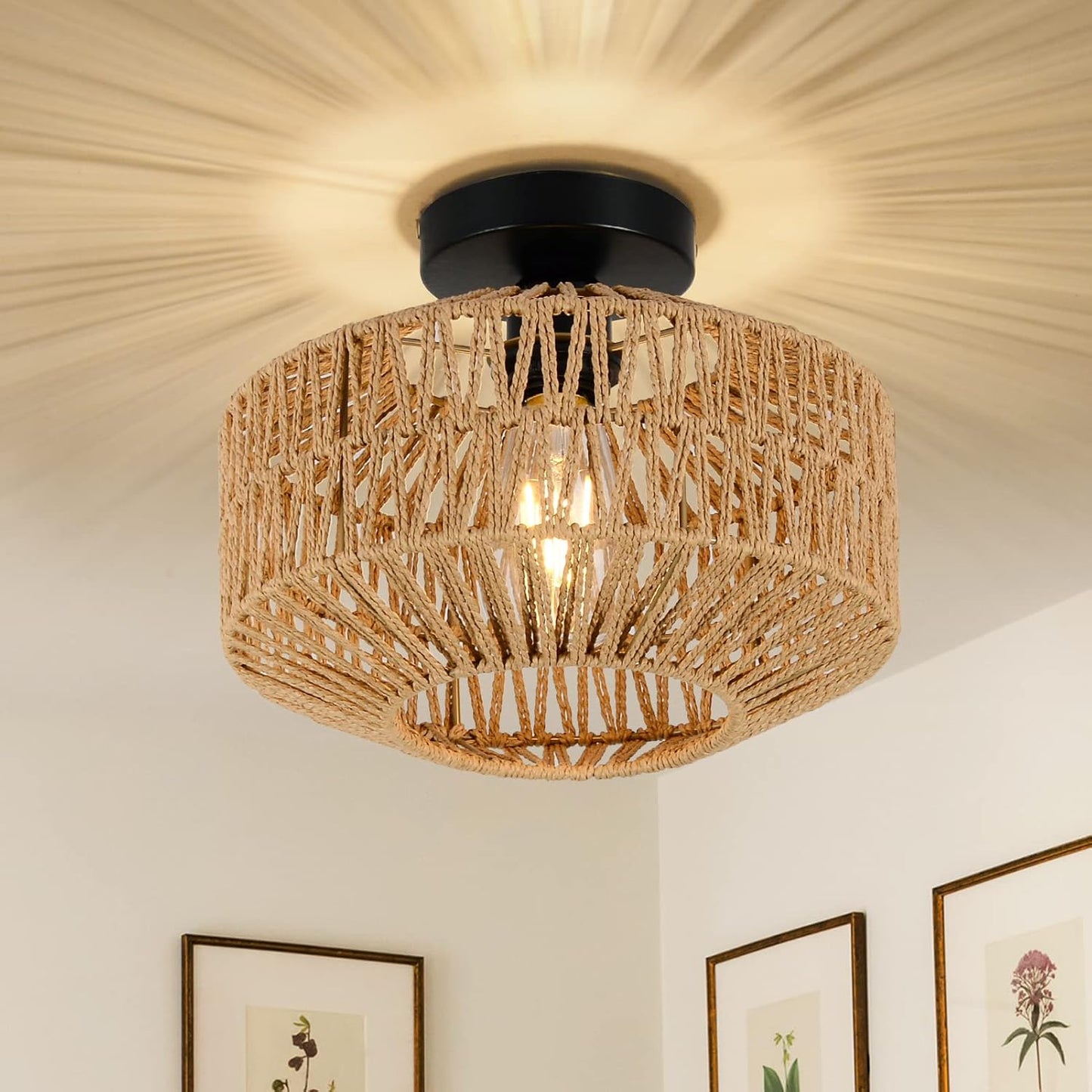 Boho Rattan Chandelier Ceiling Light Fixture with Dimmable LED Bulb - Hand Woven Flush Mount for Hallway, Bedroom, Kitchen & Living Room