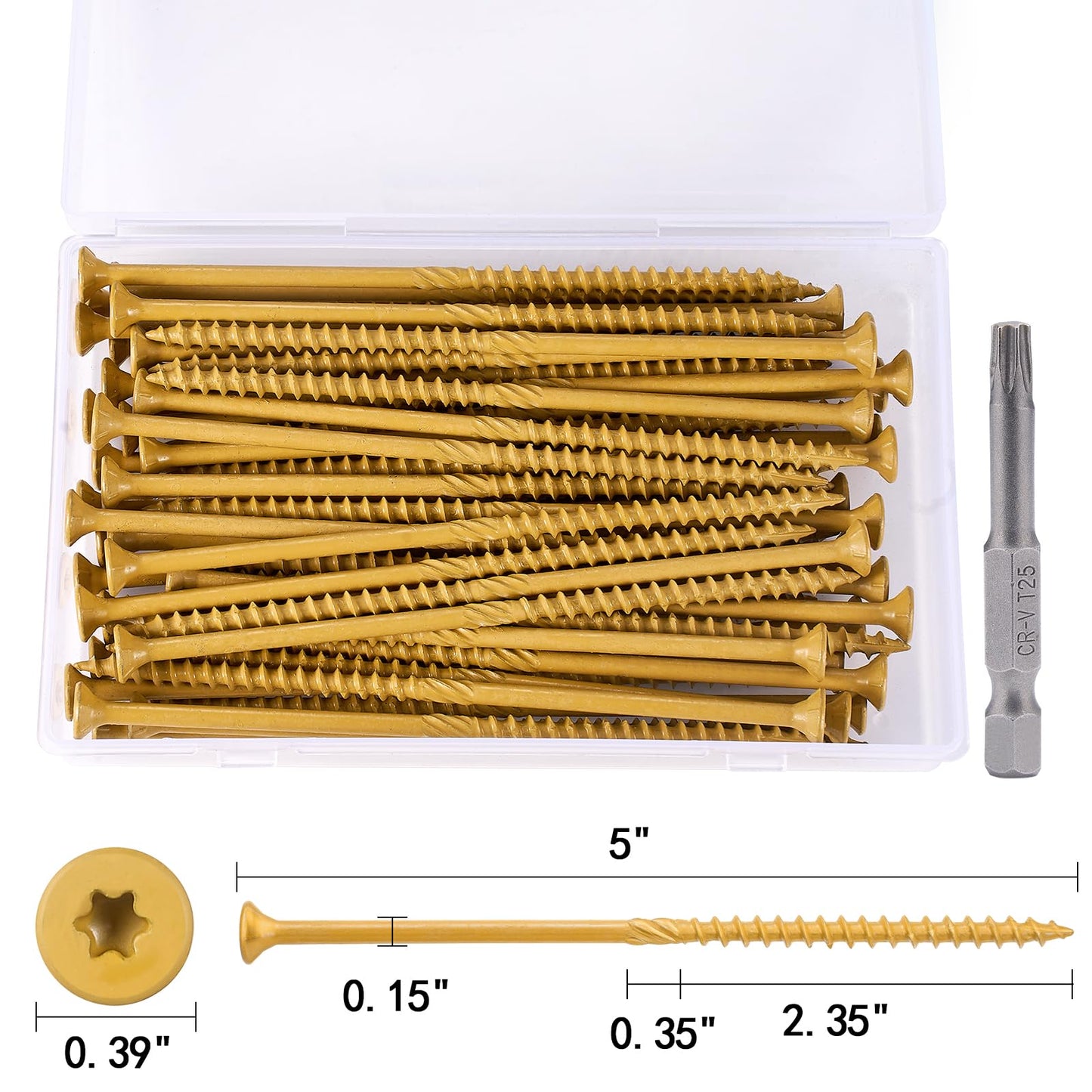 Aandxmok 50 PCS(1.22lb), #10 x 5 Deck Screws, Wood Screws 5 Inch, Rust Resistant, Star/Torx Drive Head, Self-Tapping Point, Dampening Knurled, Outdoor Wood Screws, T25 Star Bit Included