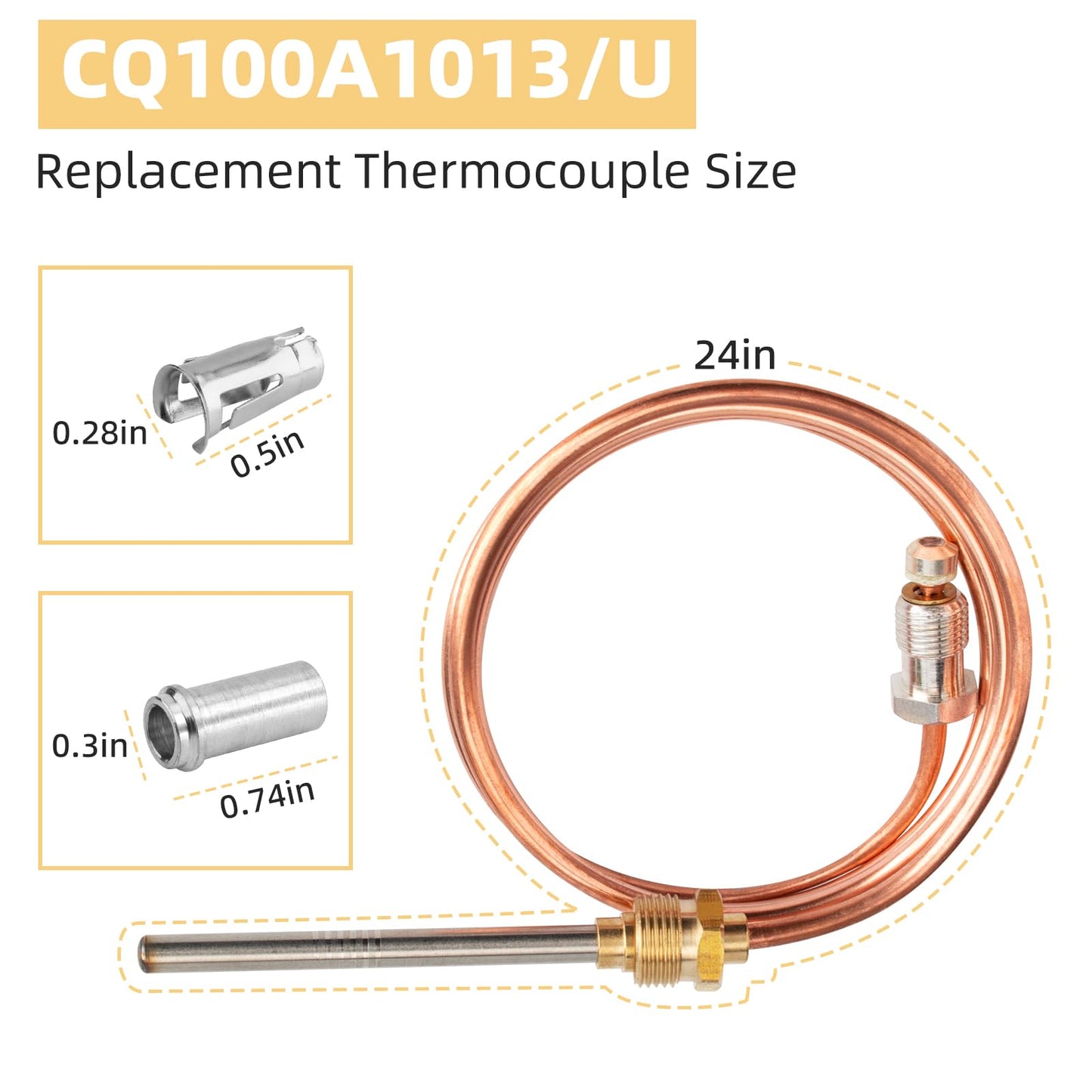 24 Inch Thermocouple for Resideo, CQ100A1013/U Water Heater Thermocouple, Gas Furnaces Thermocouple Fits Screw-in, Clamp-in & Push-in Type Pilot Burners, Boiler Thermocouple Parts