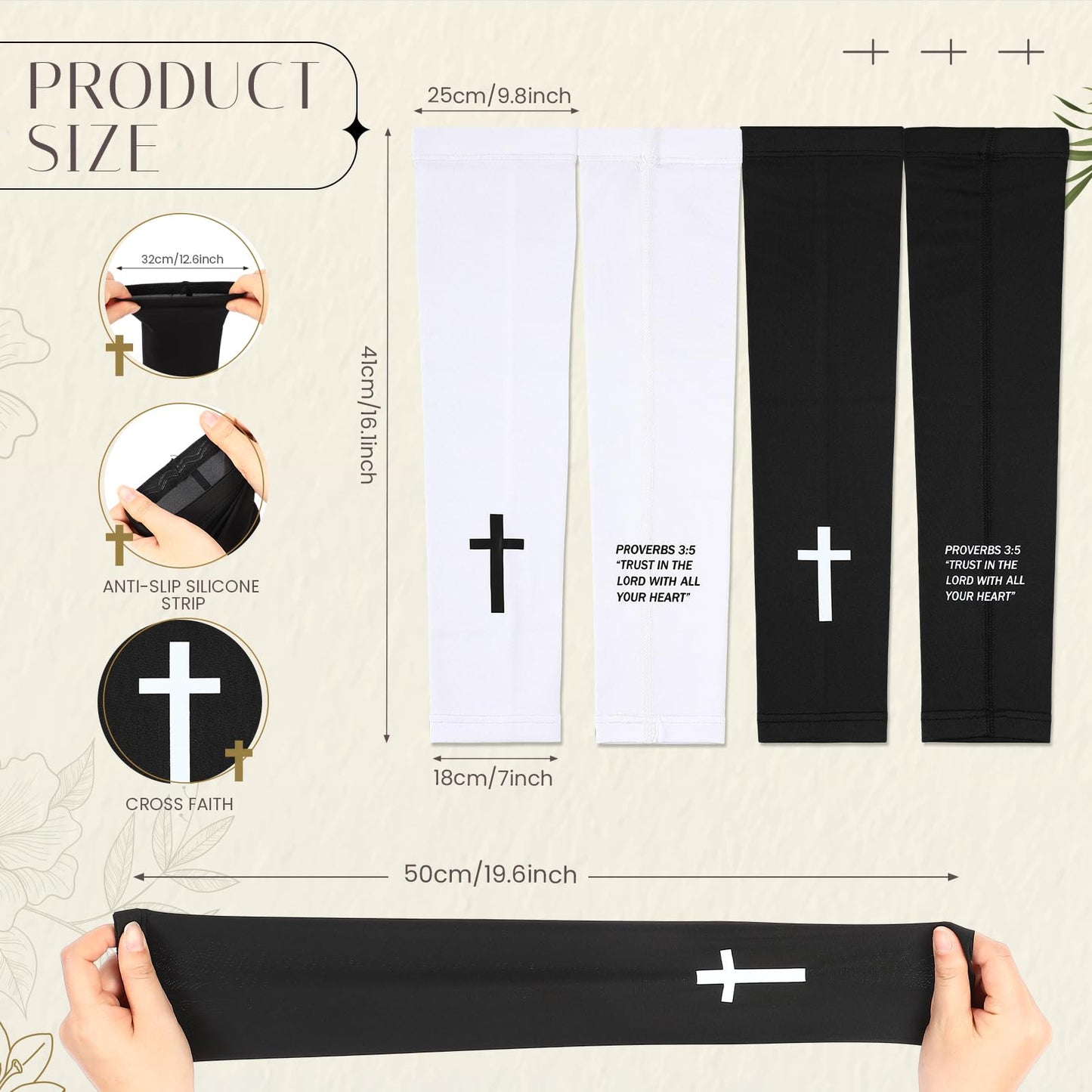 Bunnycool 2 Pairs Cross Arm Sleeve Christian Compression Arm Sleeve Youth Football Baseball Volleyball(White,Black,Large,Proverbs 3:5)