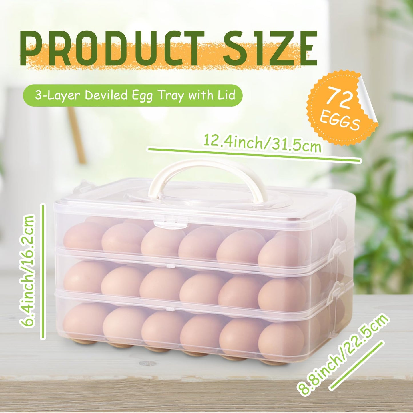 Jnnzzggu Egg Holder for Refrigerator,3-Layer Deviled Egg Tray with Lid,Plastic Stackable Egg Container with Handle for Kitchen,Keep Fresh(72 Eggs)
