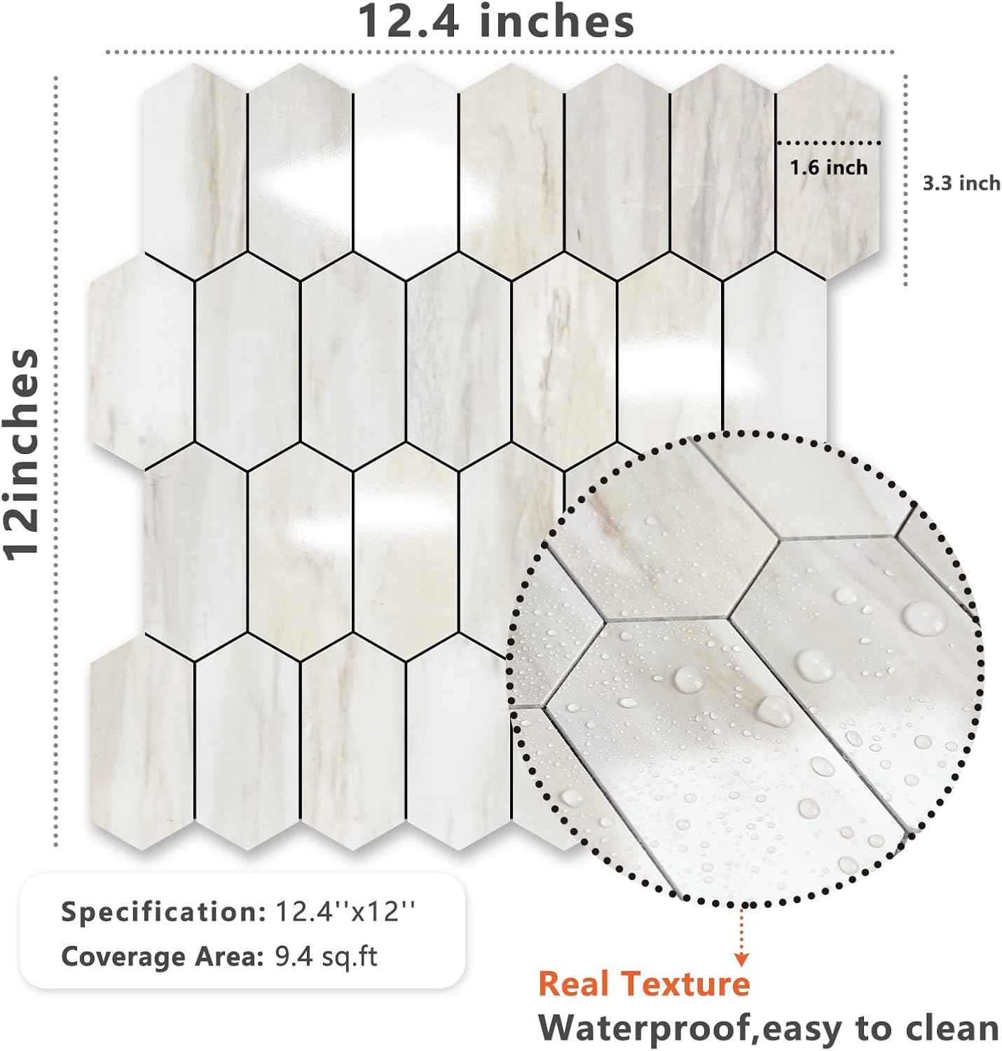 Glossy Wood Grain Peel and Stick Backsplash Tile - 10 Sheets Hexagon Mosaic for Kitchen & Bathroom, 12.4 x 12 Inch