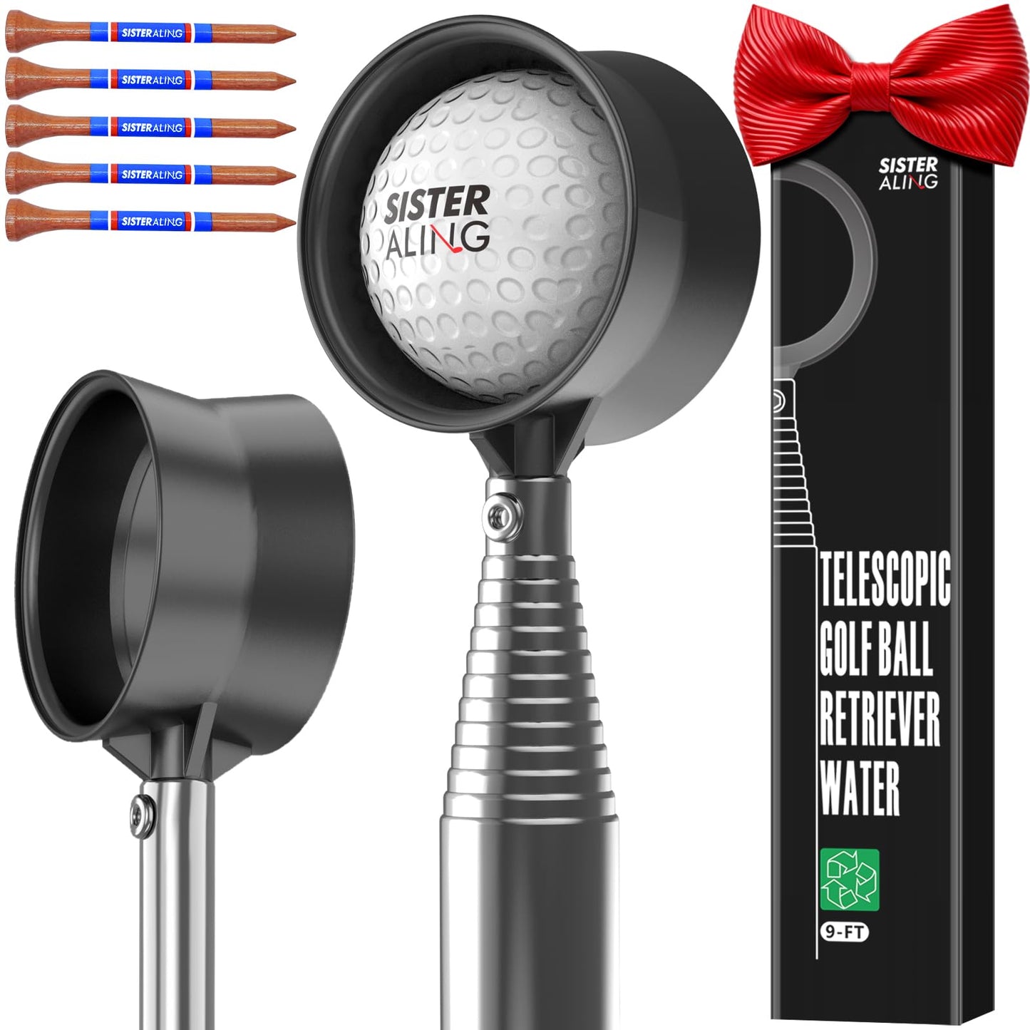 SisterAling 9ft/12ft Water Telescopic Golf Ball Retriever,Classic and Durable Stainless Steel Pick-Up Upper Grabber Tool,The Best Accessory Gift for Men and Women Golfers.(Black, 9Ft)
