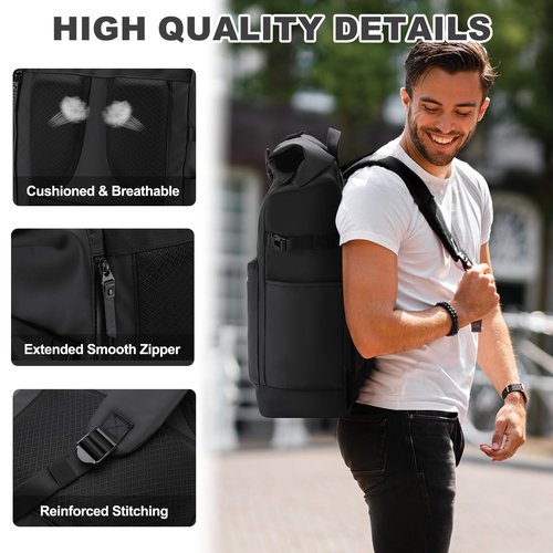 VASCHY Rolltop Travel Backpack for Men, Water Resistant Expandable Large Carry-on Casual Daypack for Work Business Hiking College Black