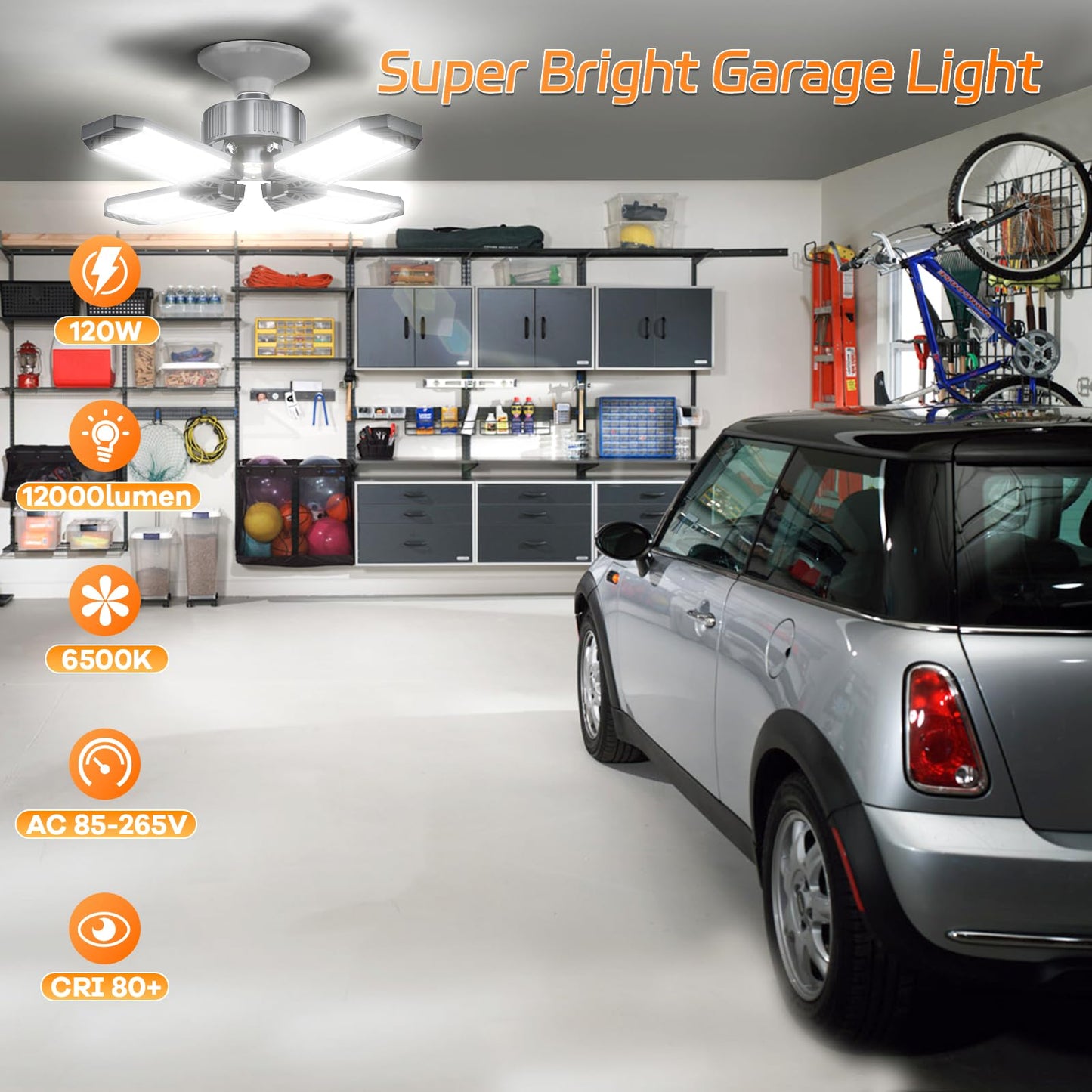 XINGHUANLIT LED Garage Light - 120W Garage Lights Ceiling LED 12000LM with 4+1 Deformable Panels, Screw in Shop Lighting 6500K Fit for E26 E27 Bulb Socket, for Workshop, Barn, Basement, Attic, Bay