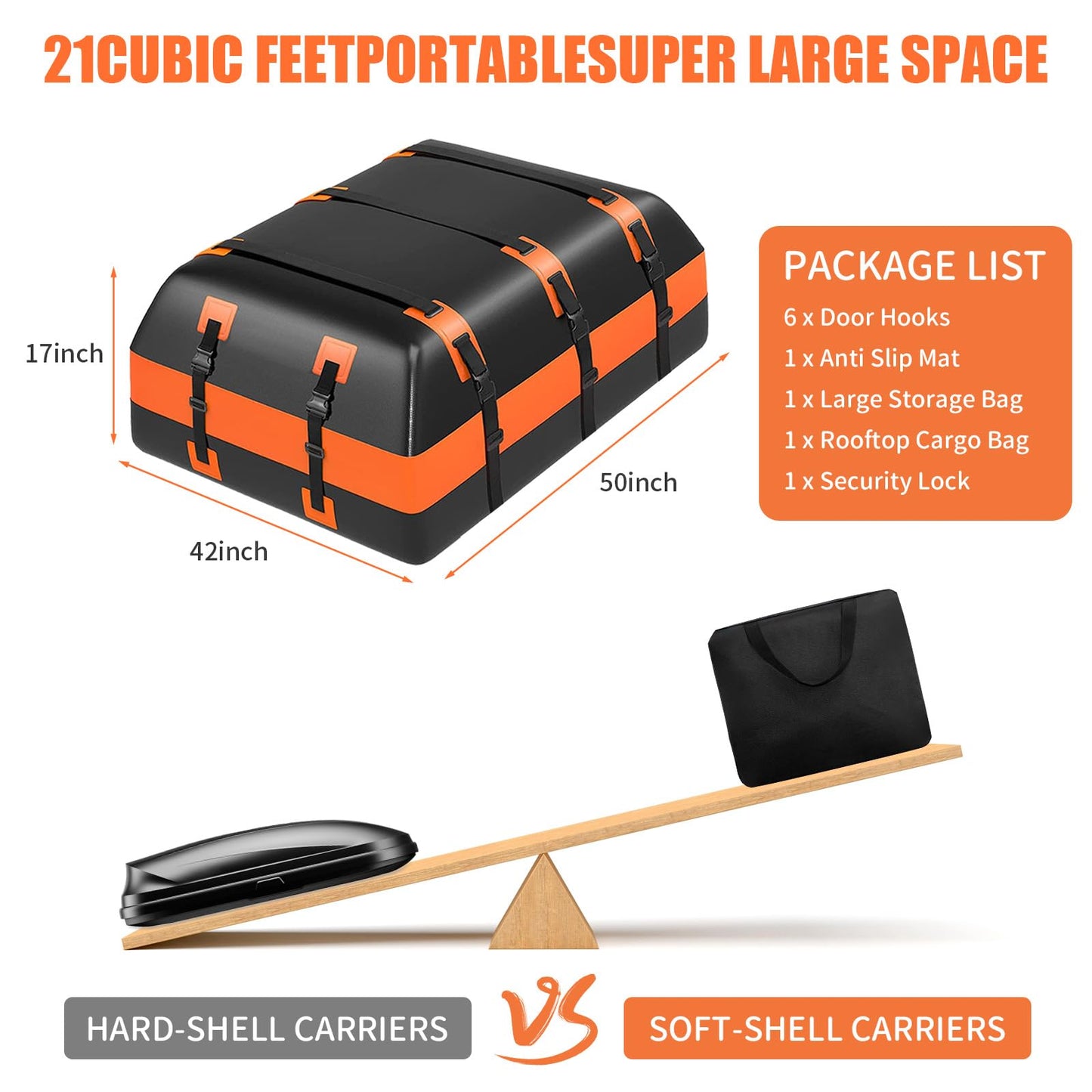 21 Cu Ft Waterproof Car Rooftop Cargo Bag Heavy Duty 840D Roof Top Carrier with Anti-Slip Mat, Luggage Lock, 6 Door Hooks for SUVs, Sedans, Minivans – Perfect for Road Trips, Camping, Outdoor Travel