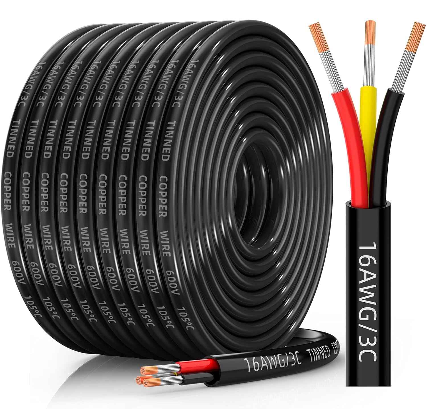 16 AWG Tinned Copper 3-Conductor Electrical Wire - Waterproof PVC Cable for Automotive, Marine & Solar (100FT)