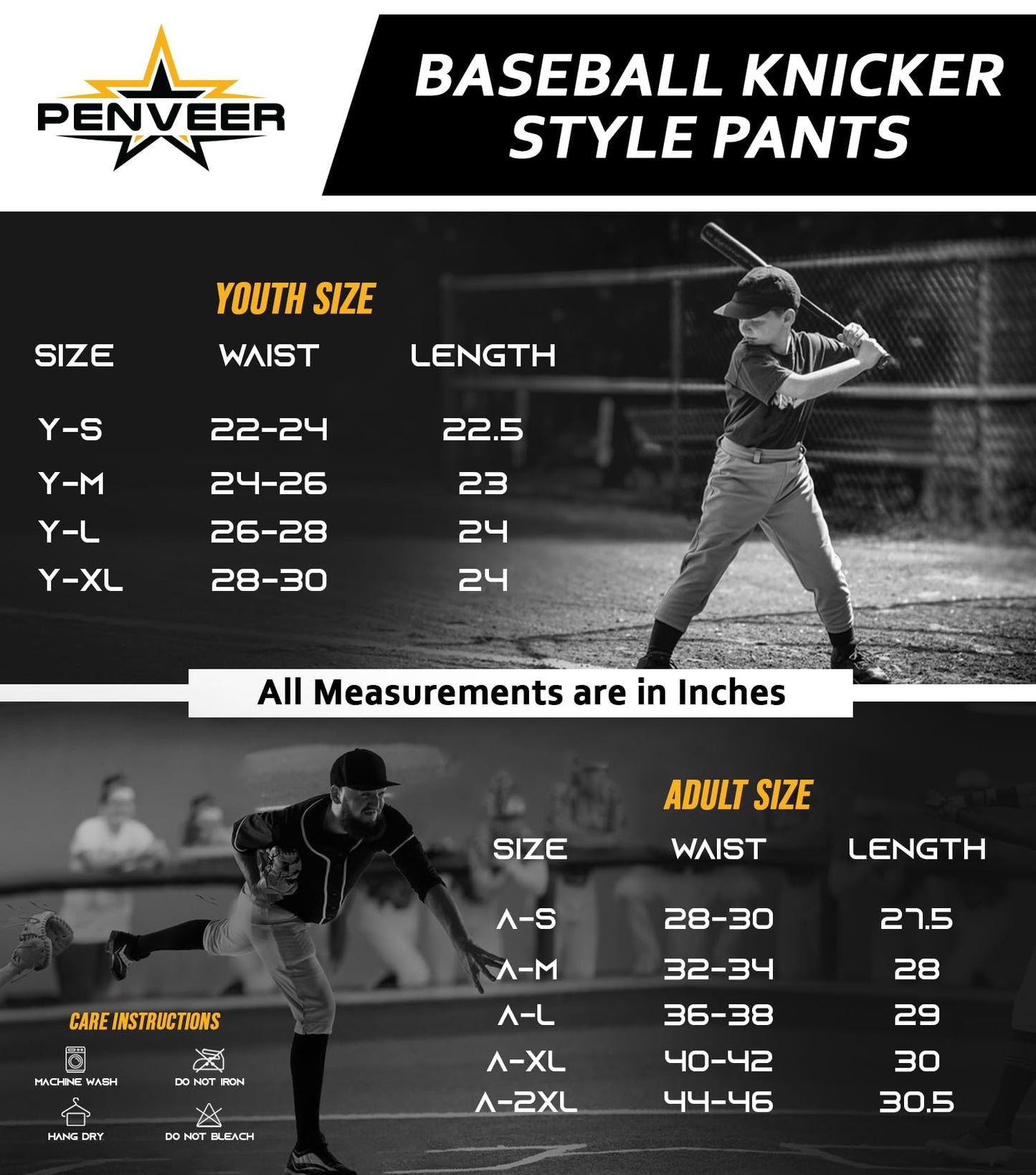Penveer Knicker Style Adult & Youth Baseball Pants with Durable Snap Zip, Elastic Bottom Mens & Boys Baseball Pants