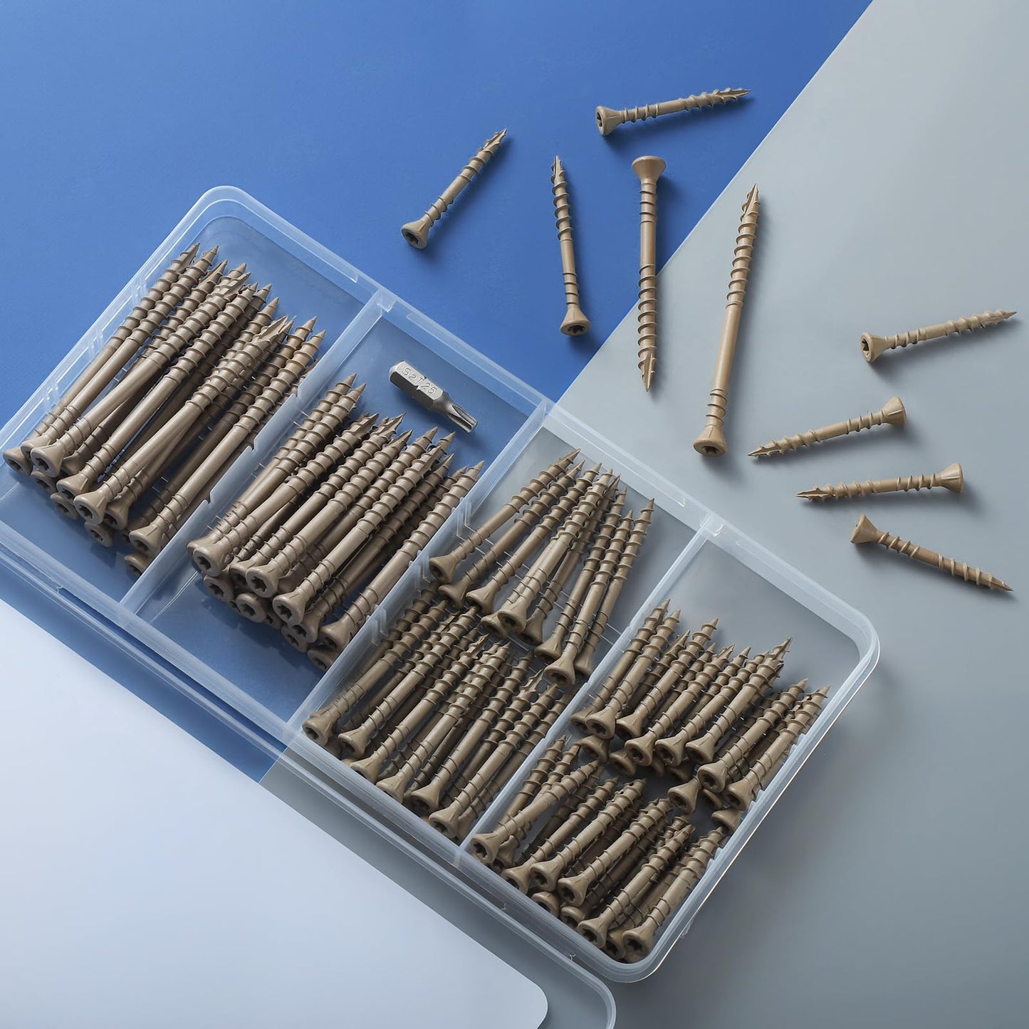 BNUOK 96 PCS Deck Screws Assortment Kit, Reverse Thread Composite Deck Screws Torx Drive Rust Resistant Epoxy Coated Exterior Wood Screw #8 1-5/8" 2" #10 2-1/2" 3", Tan