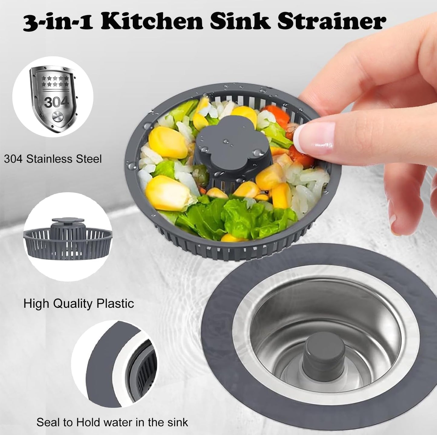 2 Pack Upgraded 3 in 1 Kitchen Sink Drain Strainer, Pop Up Sink Strainer Kitchen Drain Stopper Combo,Anti-Clogging Stainless Steel Sink Strainer Basket Plug & Cover for US Standard 3-1/2 Inch Drain