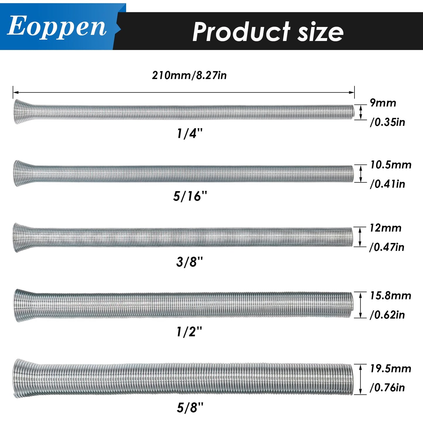 Eoppen Spring Tubing Benders Kit 1/4, 5/16, 3/8, 1/2 and 5/8 Inch 5 in 1 Tube Bender Set for Copper, Brass, Aluminum and Thin Steel Tube