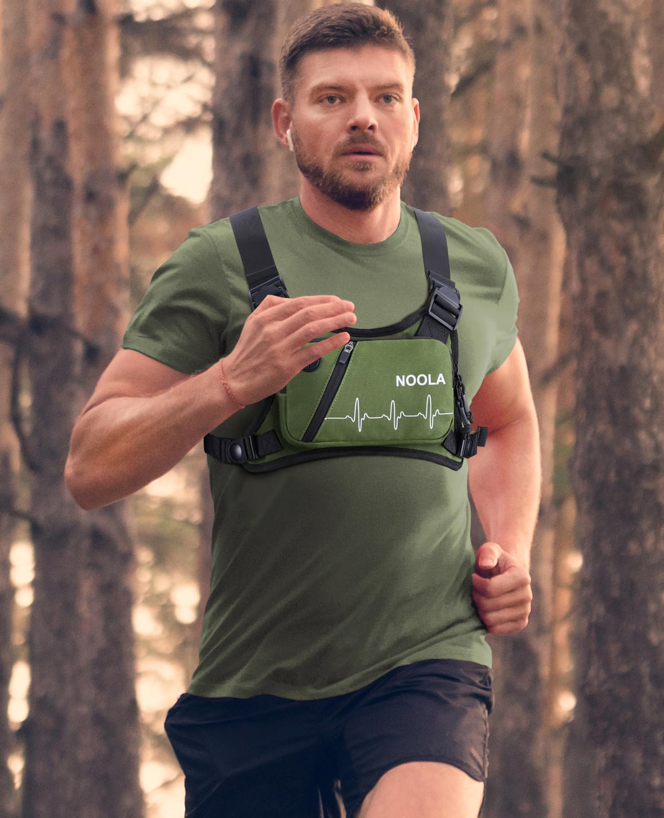 NOOLA Running Chest Pack, Running Vest for Men Women with Reflective Back, Lightweight Sport Chest Bag for Runners, Cycling, Biking, EDC Pouch, Phone Holder Carrier for Jogging, Green