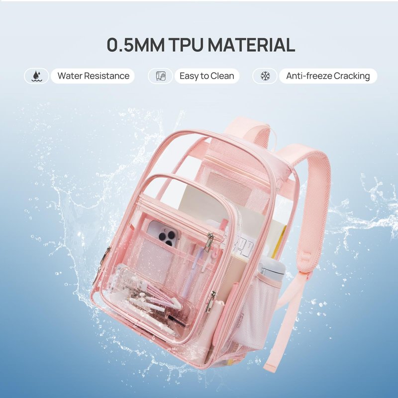 Telena Clear Backpack with Multi-pockets, Heavy Duty TPU Transparent Bag with Reinforced Straps, Large See Through Bookbag for College, Work - Pink