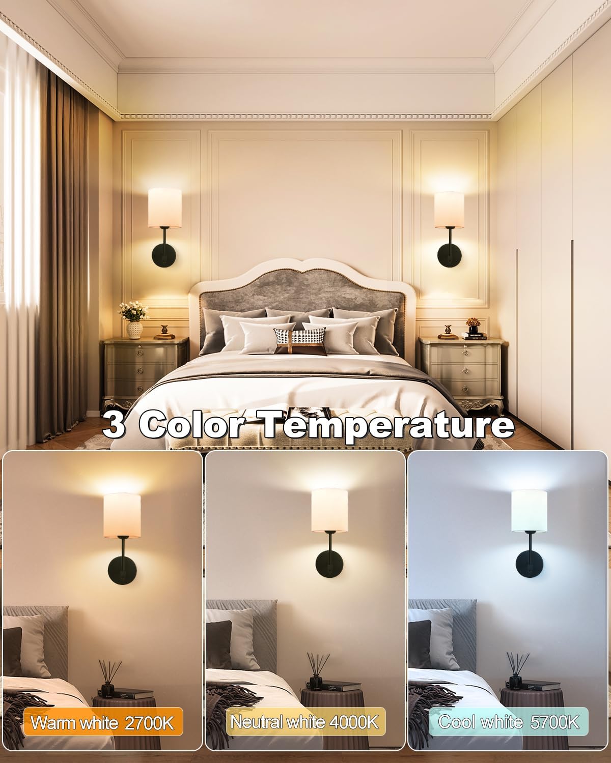 Rechargeable Black Wall Sconce Set of 2 - 5CCT Wireless Dimmable Lights with Remote for Bedroom & Living Room