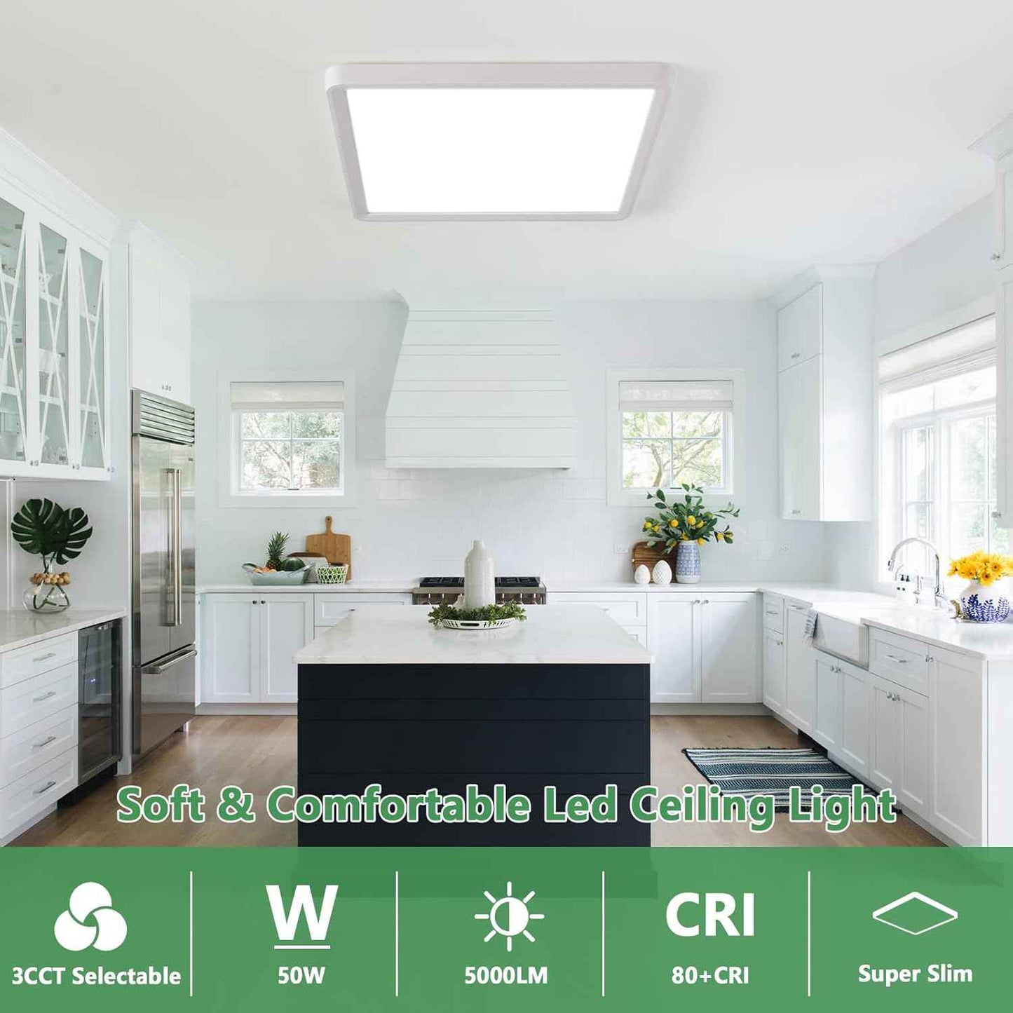 50W 20-Inch LED Flush Mount Ceiling Light - 5000LM, CCT Selectable, Low Profile for Hallway, Kitchen, Bedroom