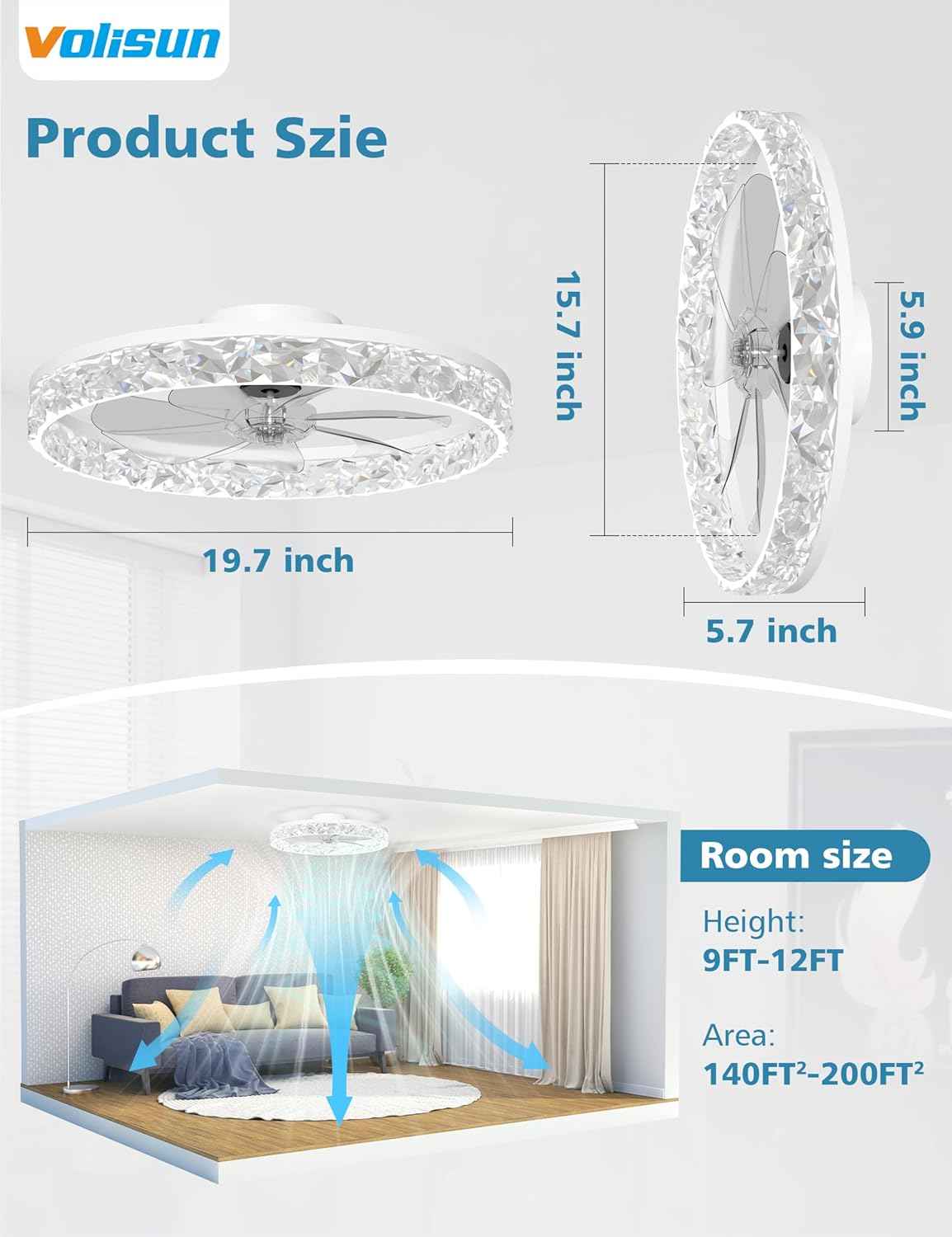 Modern Bladeless Ceiling Fan with Light & Remote - 15.7in Low Profile Fandelier, Dimmable 3000K-6500K for Bedroom