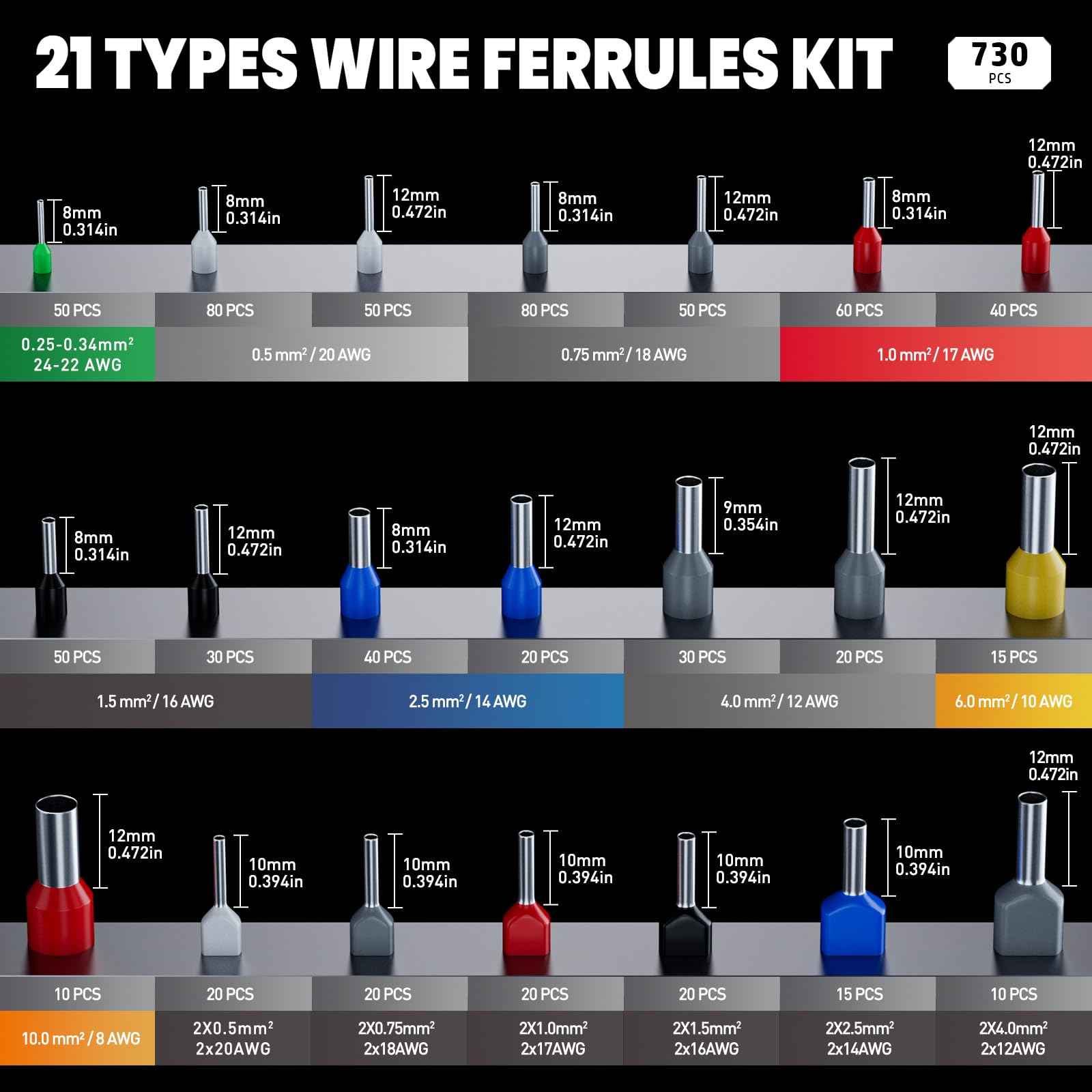 PEBA Ferrule Crimping Tool Kit, Square Pliers AWG28-7 & 21 Sizes Ferrules(AWG24-8) for Electrical Wiring/DIY Terminals | Self-Adjusting Ratchet Crimper - Copper Ferrule Kit