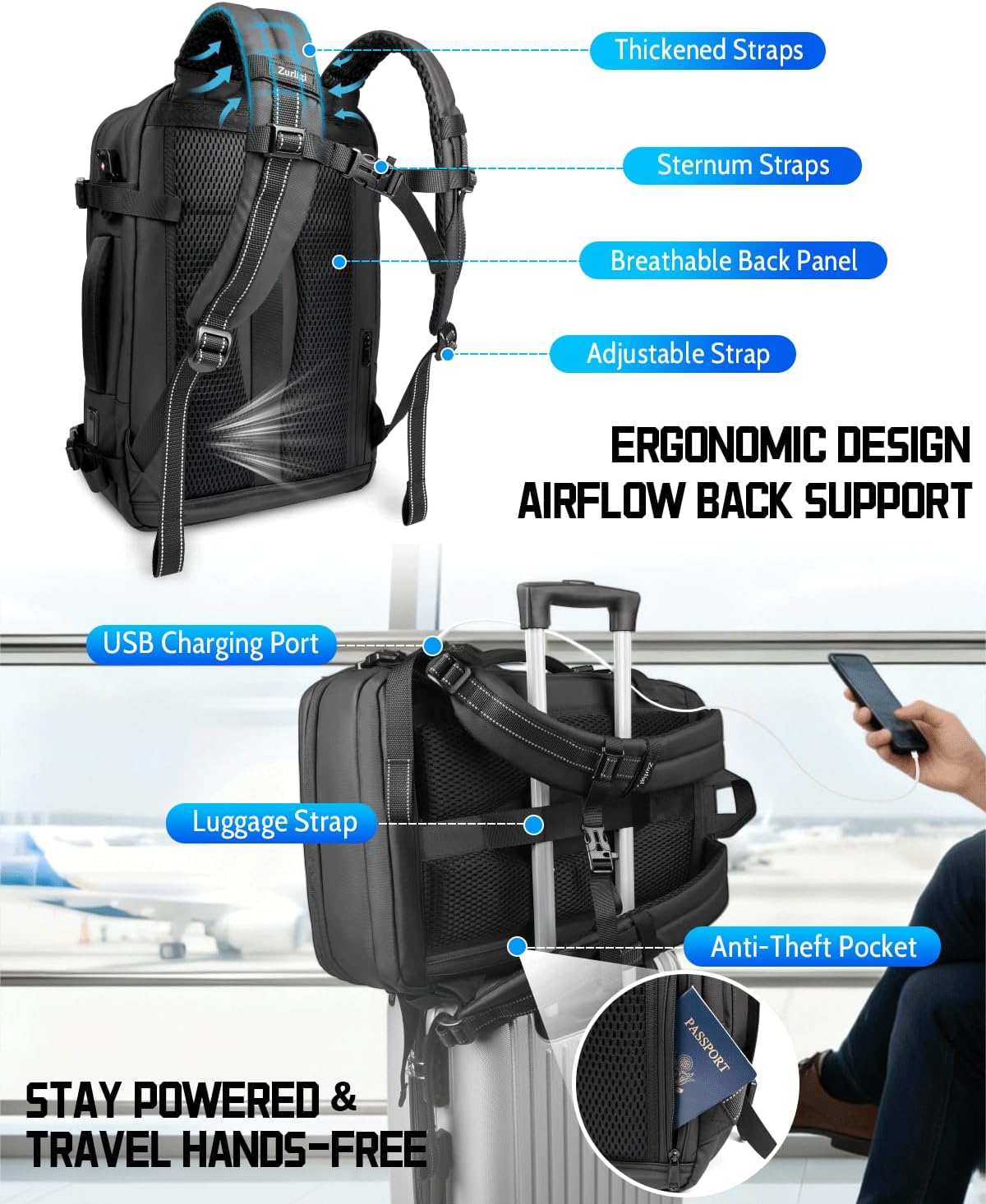 Zurligi Vacuum Backpack - Expandable 30-70L Compression Travel Bag with Pump & USB Charge Port (Black)